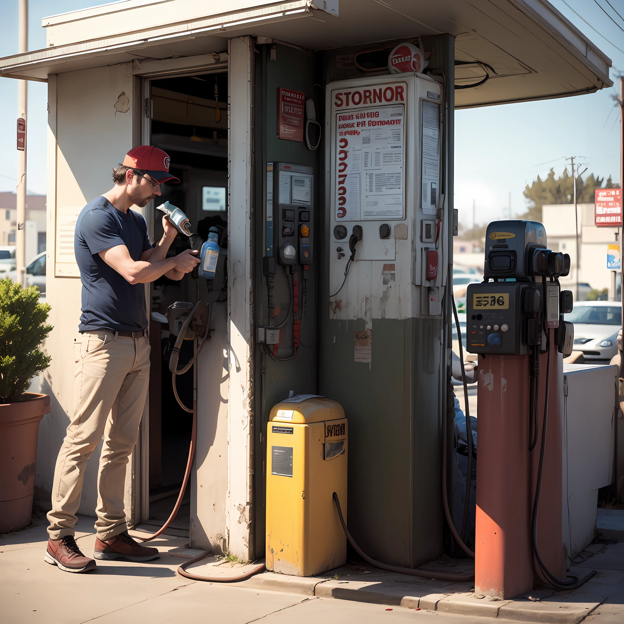 Man fueling up his car at an old gas station --auto