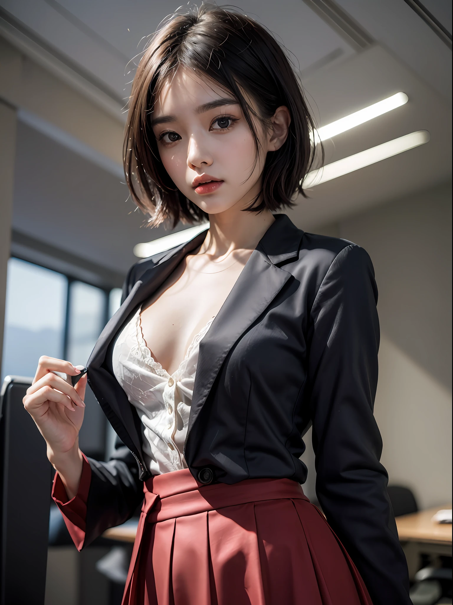 1girl in, (((shorth hair))), Business suits,((long skirt)),(masterpiece, top-quality, Near and far law), beautiful expression, in 8K, Raw foto, Photorealsitic, film grains, chromatic abberation, hight resolution, ultra-detailliert, finely detail, 动态照明, Dramatic Lighting、shadowy、extremely detailed eye and face、Round pupils、(((Modern and luxurious office)))、long legged