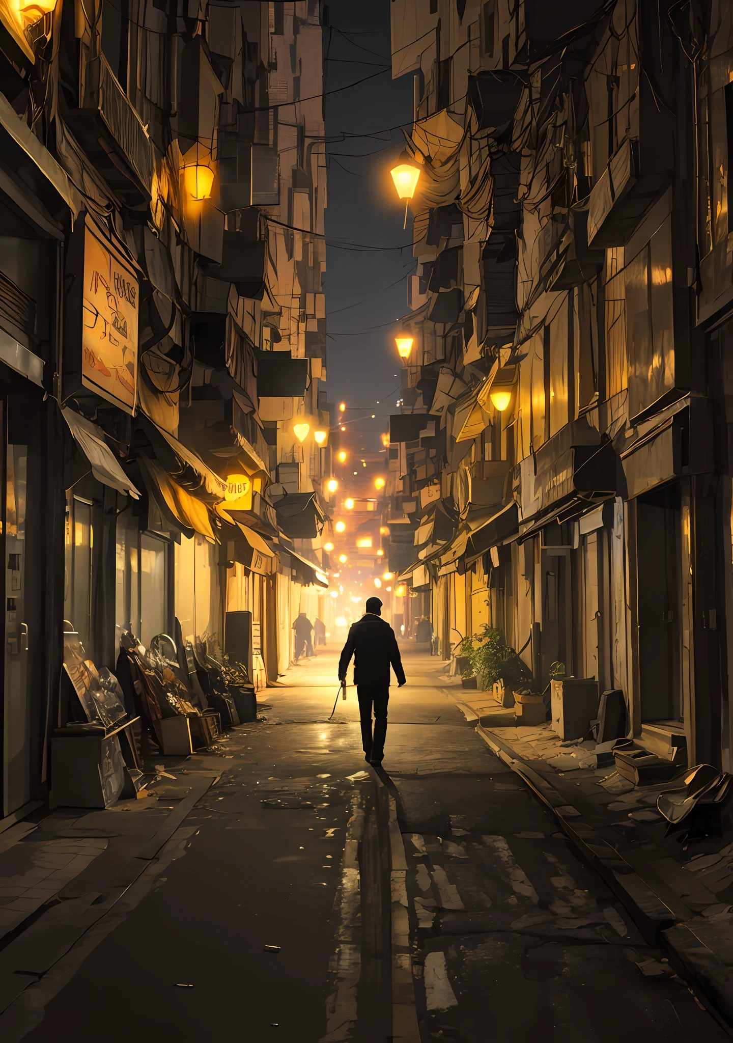Scene of a man walking on a modern city street in the middle of the night, Golden lights --auto