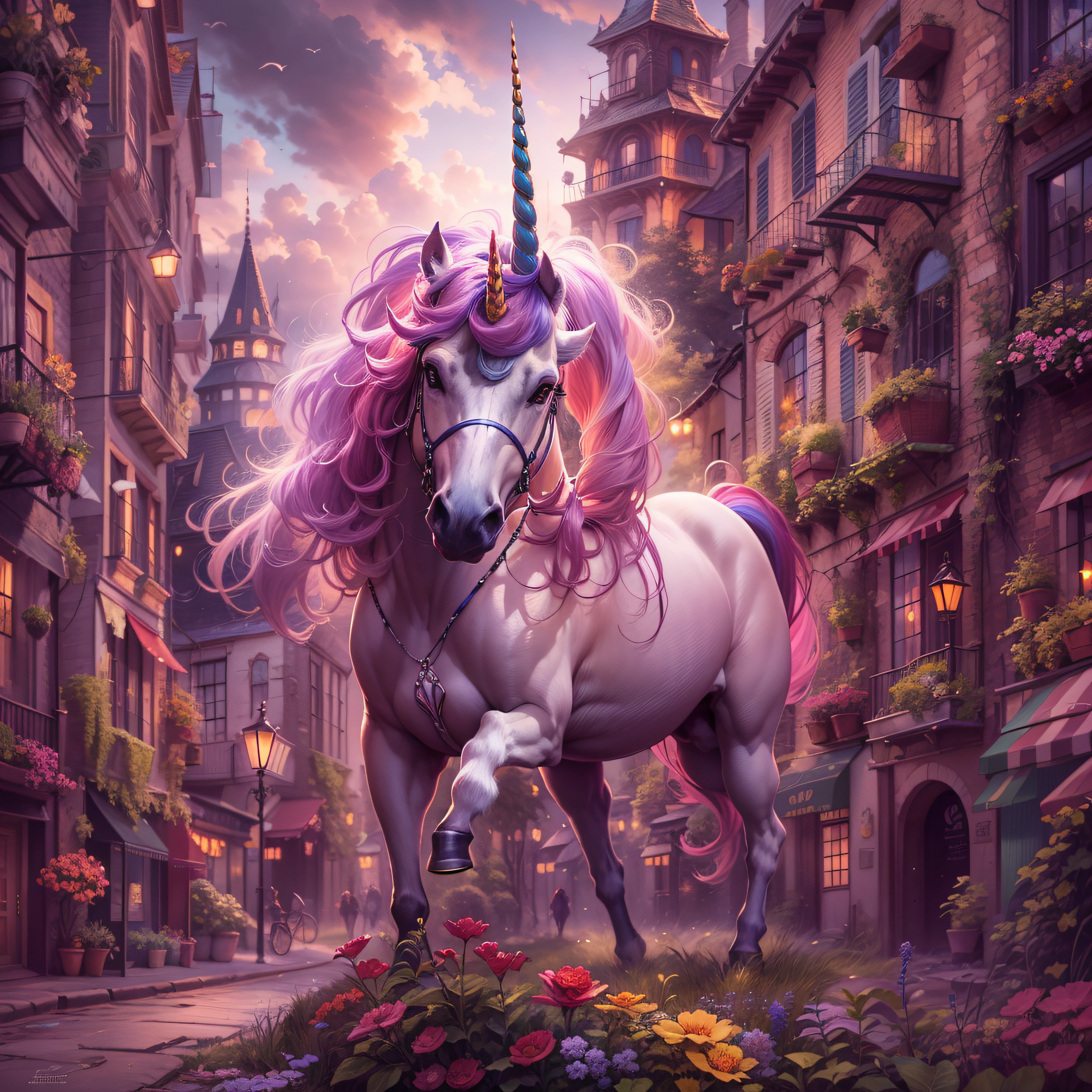 A unicorn in a magical city, caricature, extremely detailed, glamour photography, real estate photography, deep colors, earth tones, acidwave, comtemporary realism, fantasy, fairytale, rainbowcore