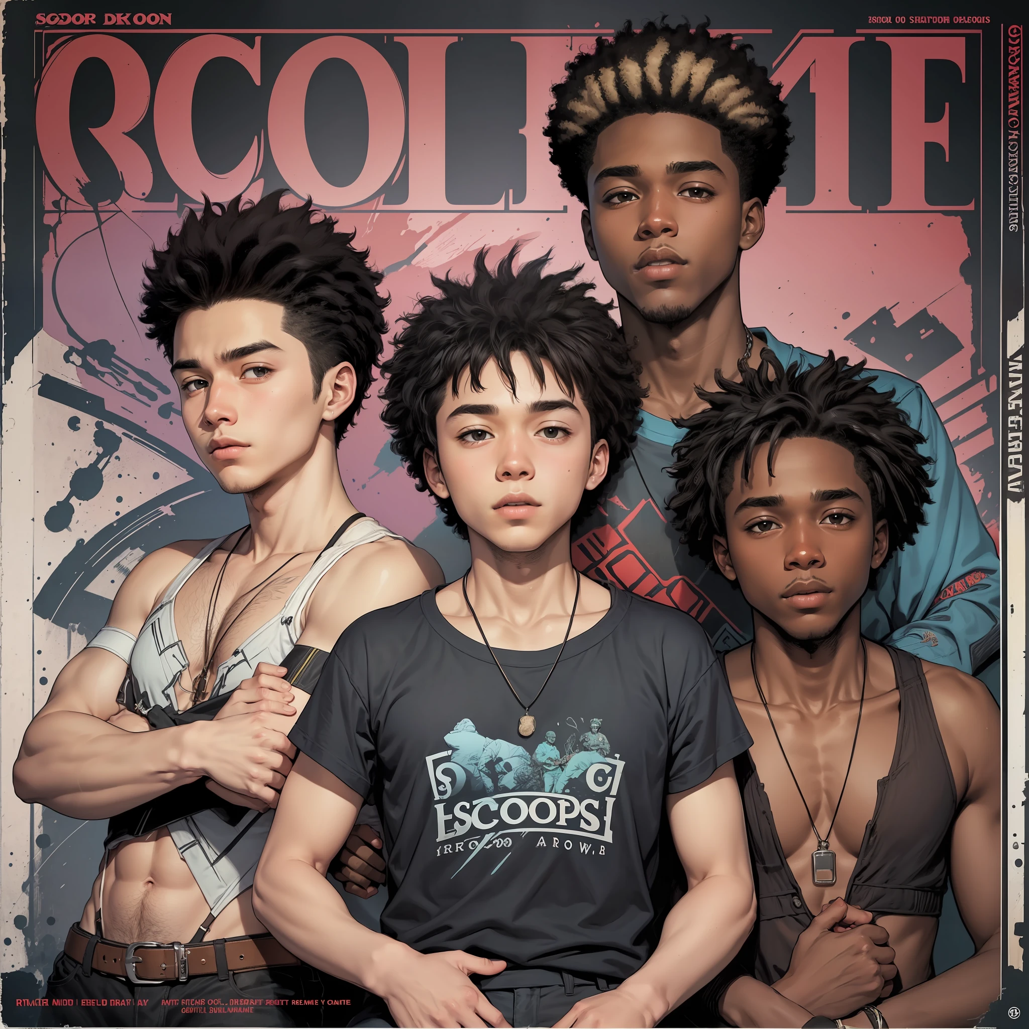 #SOD#"Hand-drawn cover for school male-themed rock album of older teens set in 1990s America, with corporate black race identity and rich color Afro American boys."
#EOD#