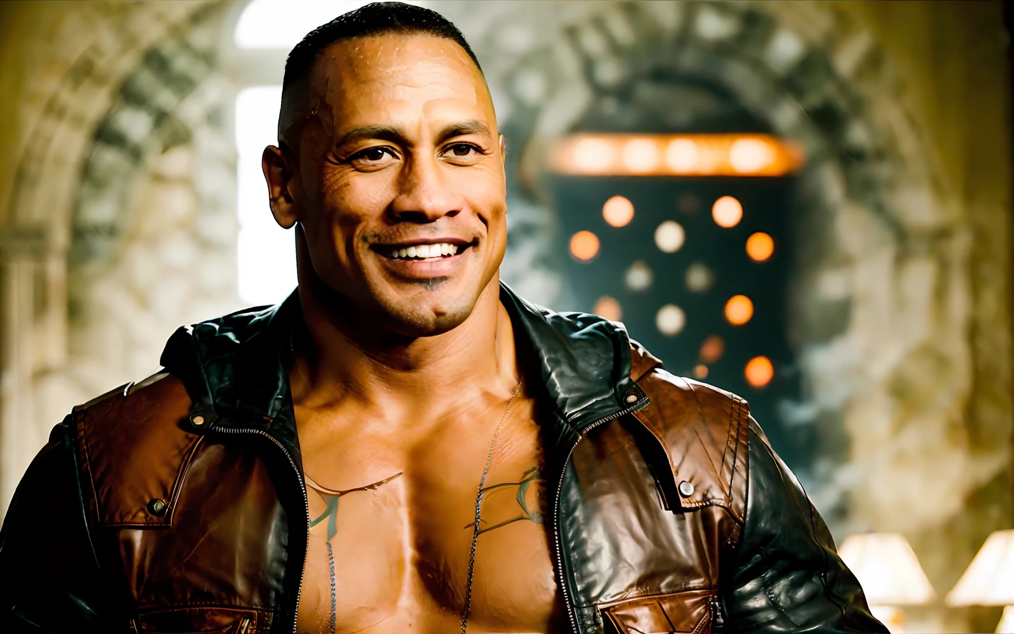 Man in leather jacket smiling at the camera, Dwayne Johnson, Dwayne o Rock Johnson, Retrato de Dwayne Johnson, Um retrato de Dwayne Johnson, A Rocha, Dwayne Johnson em Family Guy, Rosto como de Dwayne Johnson, Dwayne Johnson como Samurai, Estrelado por Dwayne Johnson, Dwayne Johnson como Homem-Aranha, Dwayne Johnson como Homem-Aranha, Dwayne Johnson como Superman