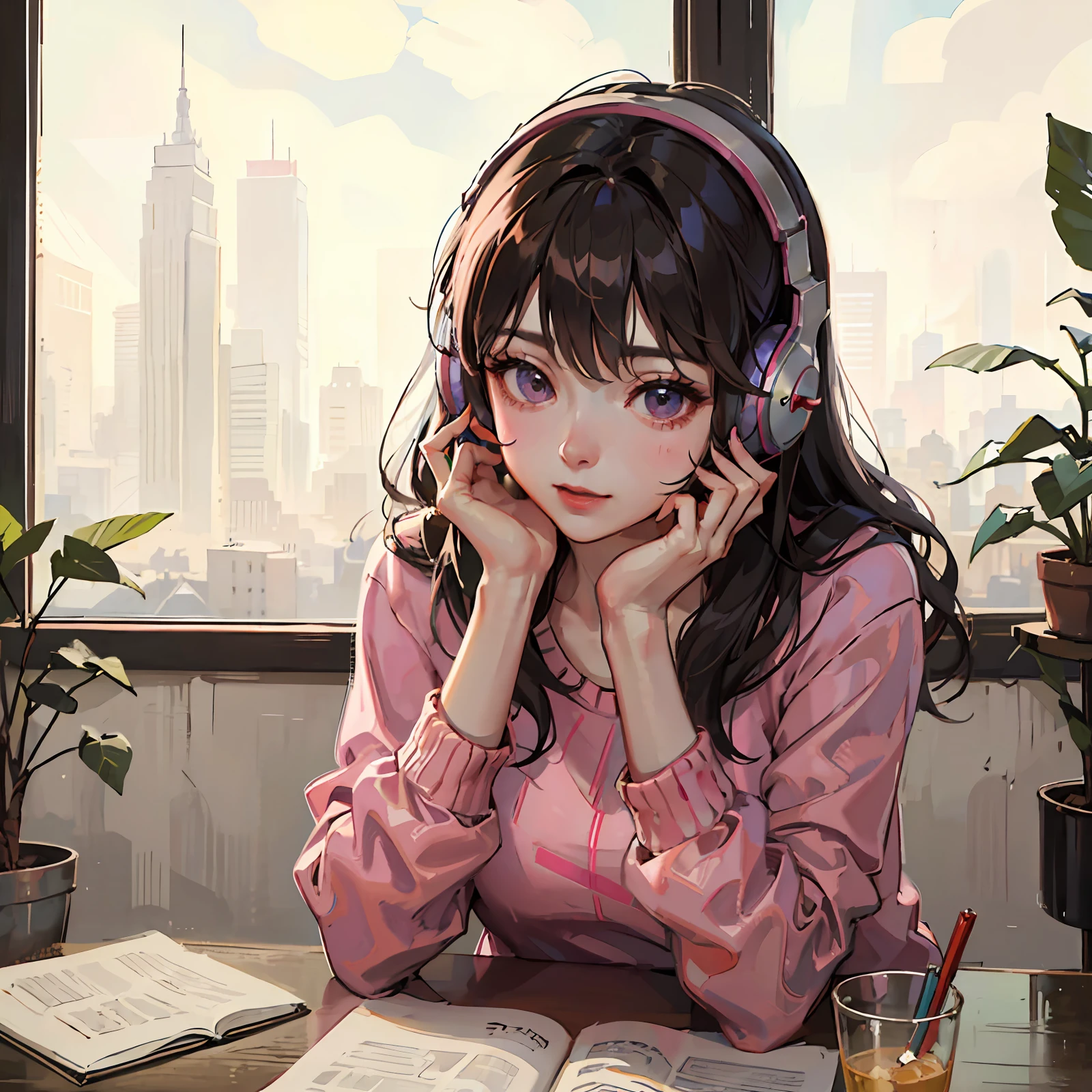 A girl in a pink sweater and headphones sits on her side doing her homework，Inspired by Ma Yuanyu、Shin Jinying、bae suzy、Korean girls，Beautiful Korean woman，ulzzangs，Soft 8K portrait shoot，lofi girl aesthetic，Beautiful young Korean woman，xintong chen，With a cute and delicate face。 --auto