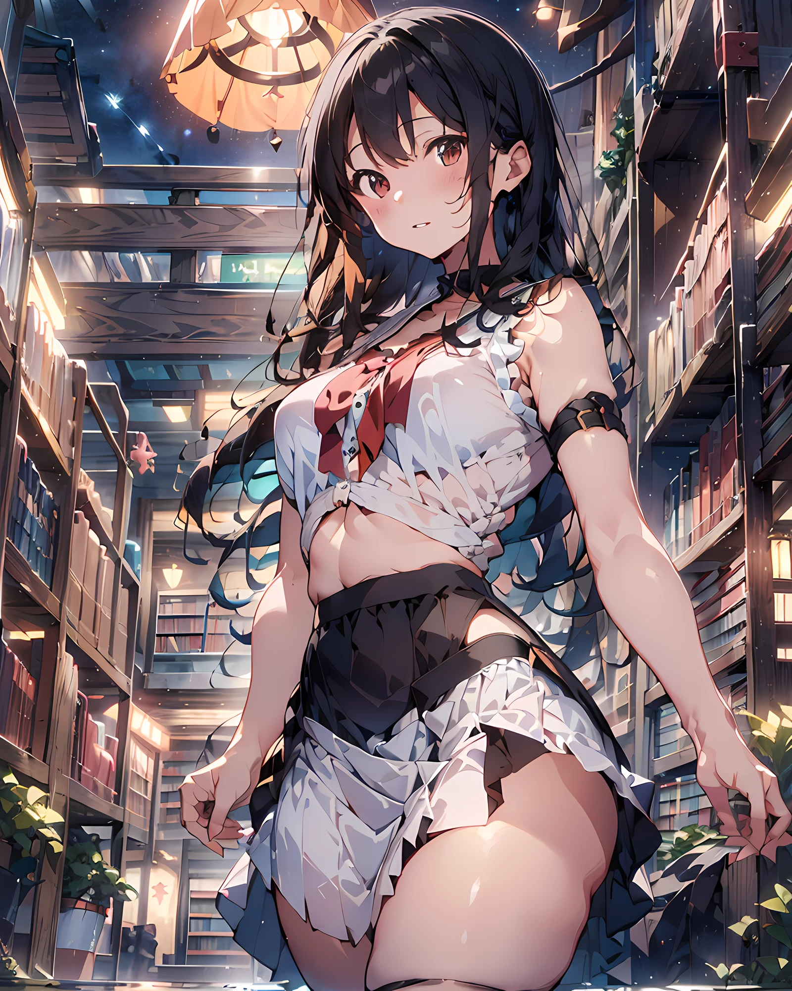 (masterpiece, best quality, ultra detailed, high resolution, absurdres:1.4), (shiny black hair, smooth and white shiny skins:1.2, pale skin:1.2), (super fine illustration, extremely detailed CG unity 8k wallpaper), 1girl, extremely cute and beautiful girl. slender, medium breasts, slender, abs, BREAK, ((orange turtle:1.3, sleeveless turtle, white loose long skirt:1.3)), BREAK, ((library background:1.25,indoor, background is library in the night)), light smile, parted lips, pink lipstick,