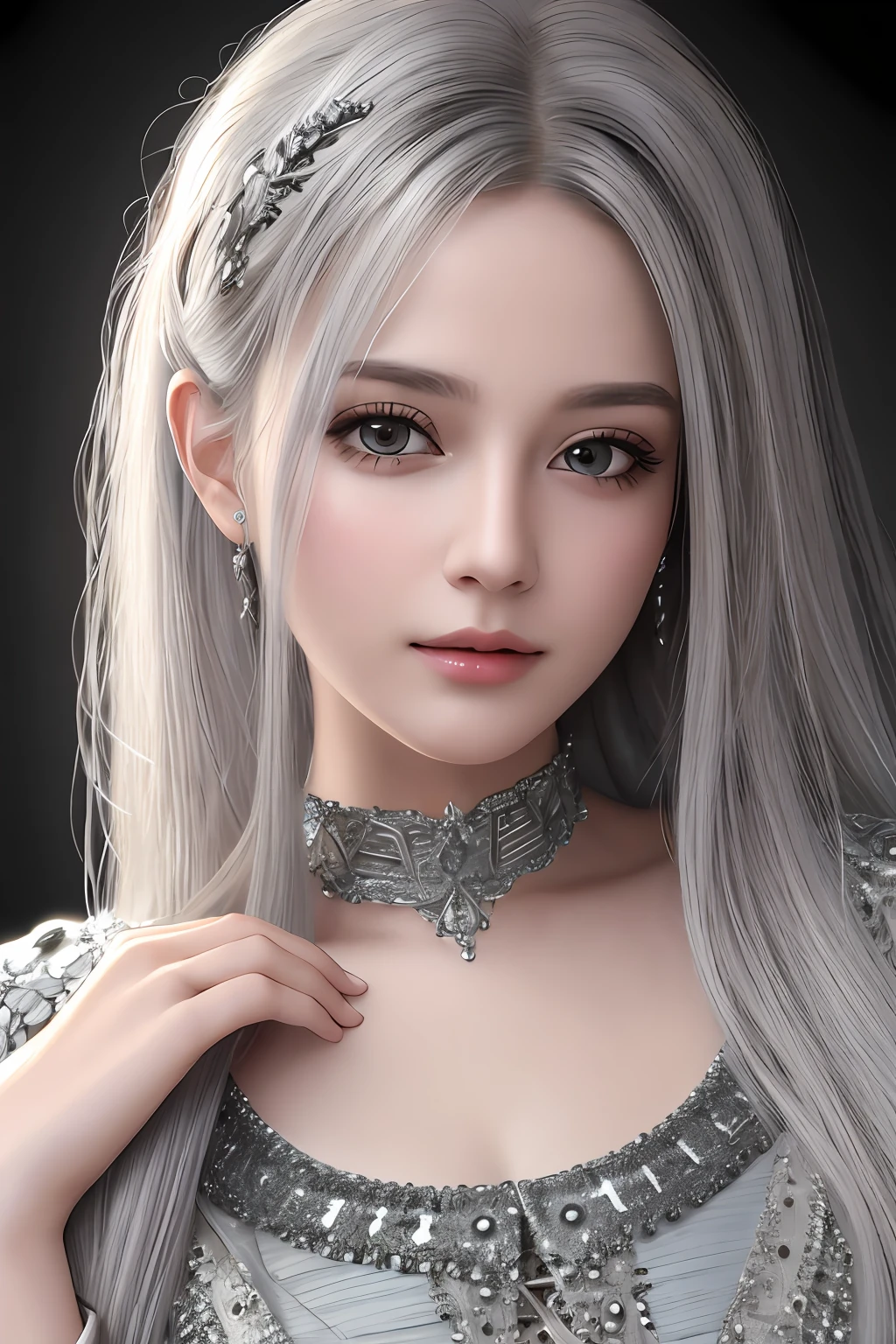 high quality, best quality, photo-realistic, raw-photo, realistic, ultra realistic 8k cg, ultra-detailed, High definition, masterpiece, 1girl, long hair, silver hair, close-up, intricate details, detailed texture, finely detailed,