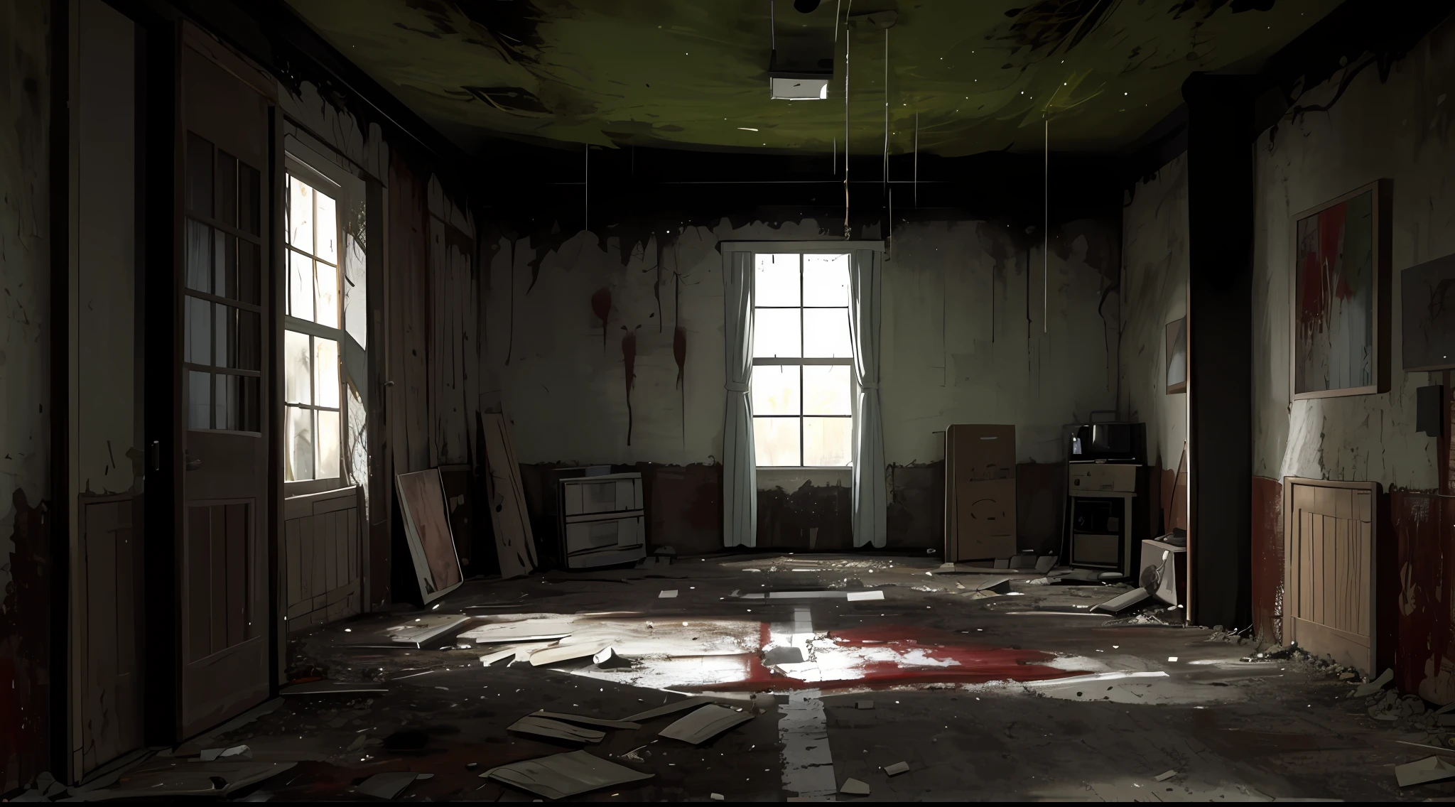 (obra-prima, melhor qualidade:1.3), (horror \(tema\):1.2), (casa abandonada, musgo, respingo de sangue, mancha de sangue,), night sky, camas, tiro largo, dinamic angle,