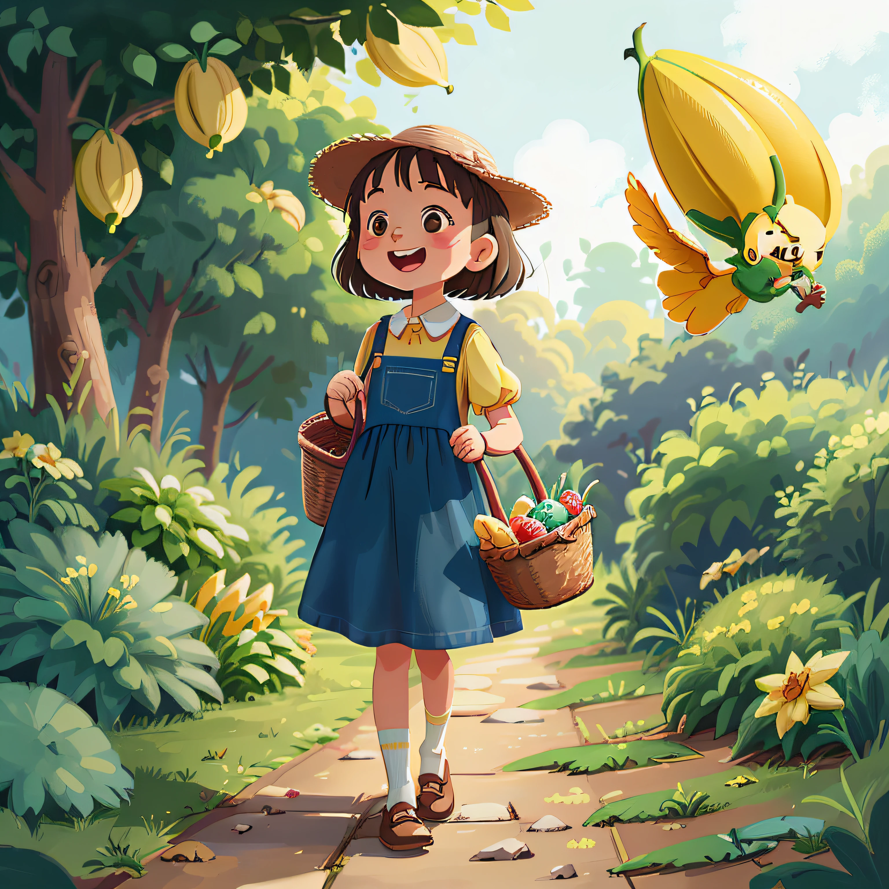 Happy child girl. Bucolic style. Women's children's clothing, With a basket of banans in hand. Cor Lisa |. Arte simples. Ghibli Style Studio. Estilo personagem bananinhas