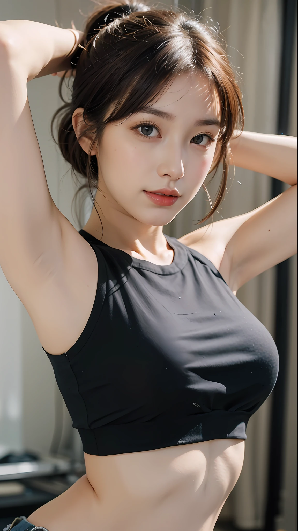 (Original photo: 1.2), (Realistic: 1.4), (Masterpiece: 1.3), (Best quality: 1.4), Dreamy, (detailed eyes), (detailed facial features), (detailed clothing features), Skin tightness, (Shiny skin), (Slim Girl), (Slim Girl), (Slim Girl), 1 Girl, Veronica Code, Solo, Cute, Bangs, Short brown hair, Black eyes, (Medium breasts), ((Shirt)), Dynamic pose, (Kodak Film Color) ((Camera not visible)) ((White Studio) (Studio Light) ,(crop top:1.4)