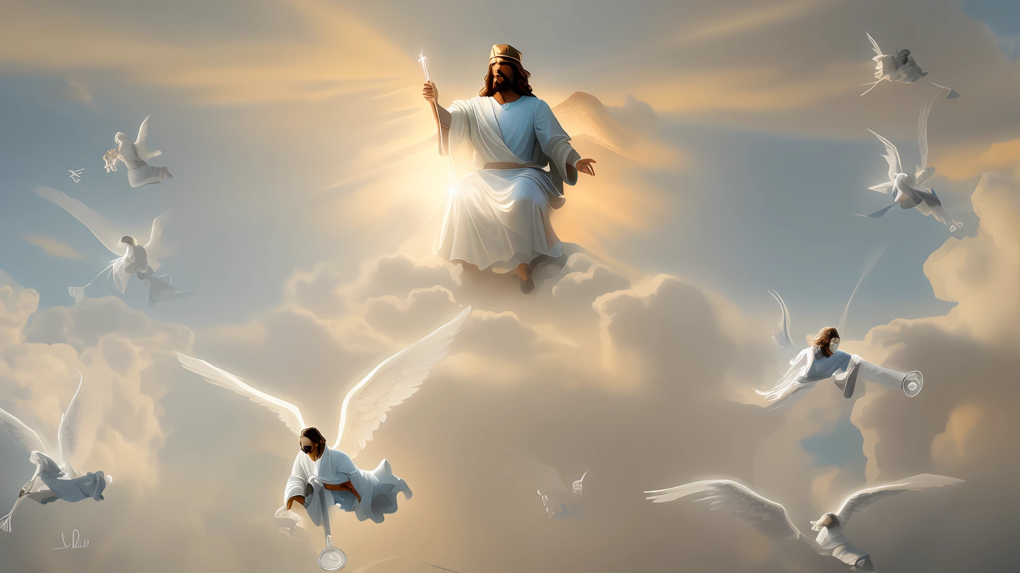 Return of Jesus with his realistic male angel coming on the realistic clouds we heavens sitting on his great throne on the clouds