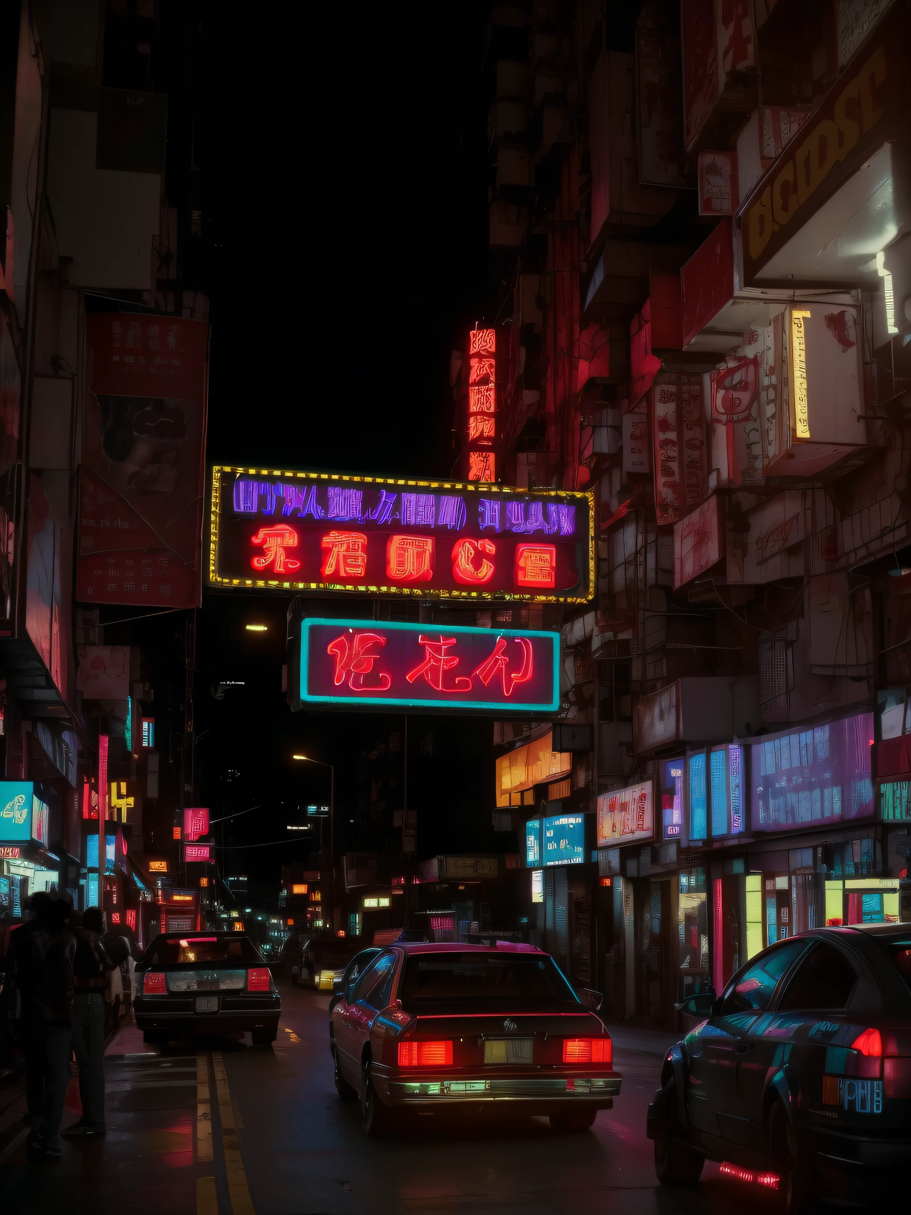 8K, RAW, Cinema lenses, cyberpunk style, Synth waves, ultra-realistic realism, Cars parked on the street in front of neon signs, Kowloon, Hong Kong, cyberpunk personage, neon signs in the background, neon lights above shops, retro-futurism, high resolution, high quality, masterpieces, Ray tracing, fantasy
