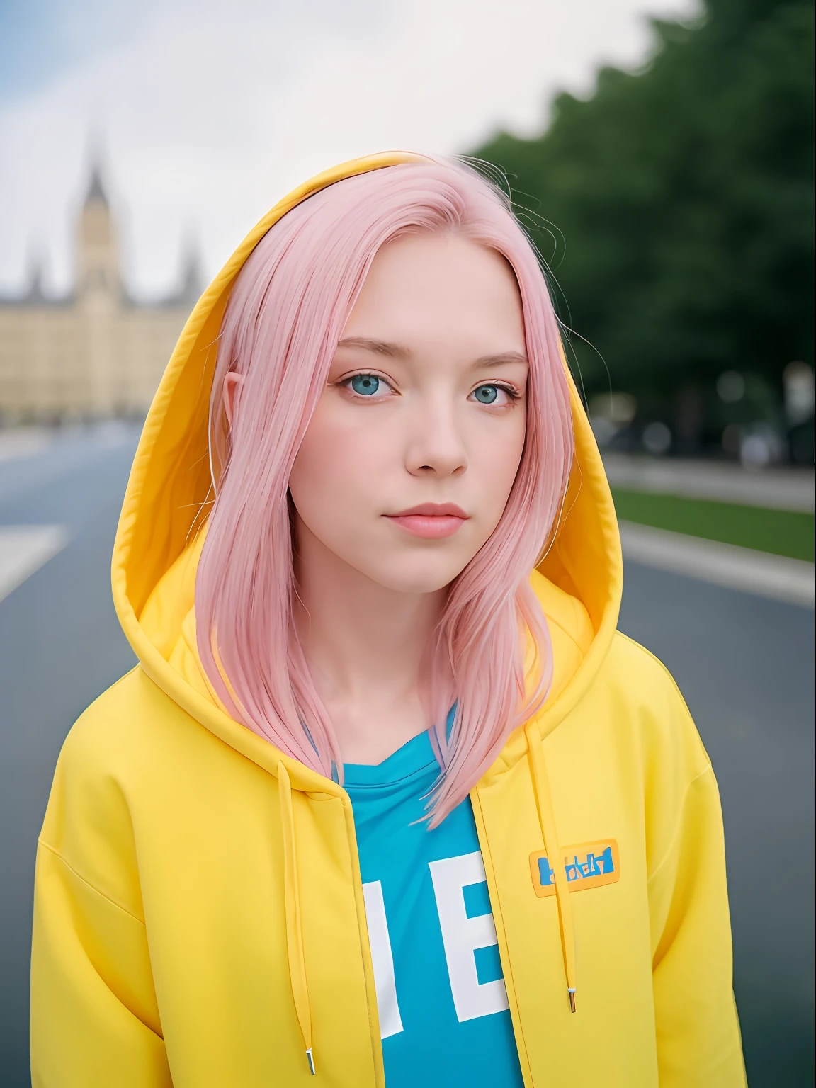 Beautiful American student in a full-length hoodie, looks at the viewer, Holi Color Festival, European type of appearance, European face, blue eyes and blonde hair, against the backdrop of the city, a lot of details, гипердетальный POV, by Lee Jeffries, Nikon D850, Camera roll, 4 Kodak Portra 400, F1 camera lens.6, saturated colors, A hyper-realistic, lifelike texture, spectacular lighting, Cinestill 800,
