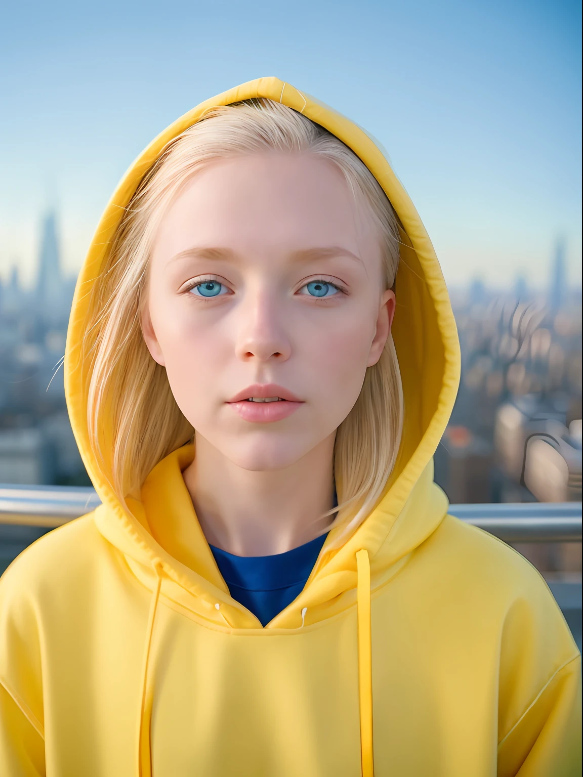 Beautiful American student in a full-length hoodie, looks at the viewer, Holi Color Festival, European type of appearance, European face, blue eyes and blonde hair, against the backdrop of the city, a lot of details, гипердетальный POV, by Lee Jeffries, Nikon D850, Camera roll, 4 Kodak Portra 400, F1 camera lens.6, saturated colors, A hyper-realistic, lifelike texture, spectacular lighting, Cinestill 800,