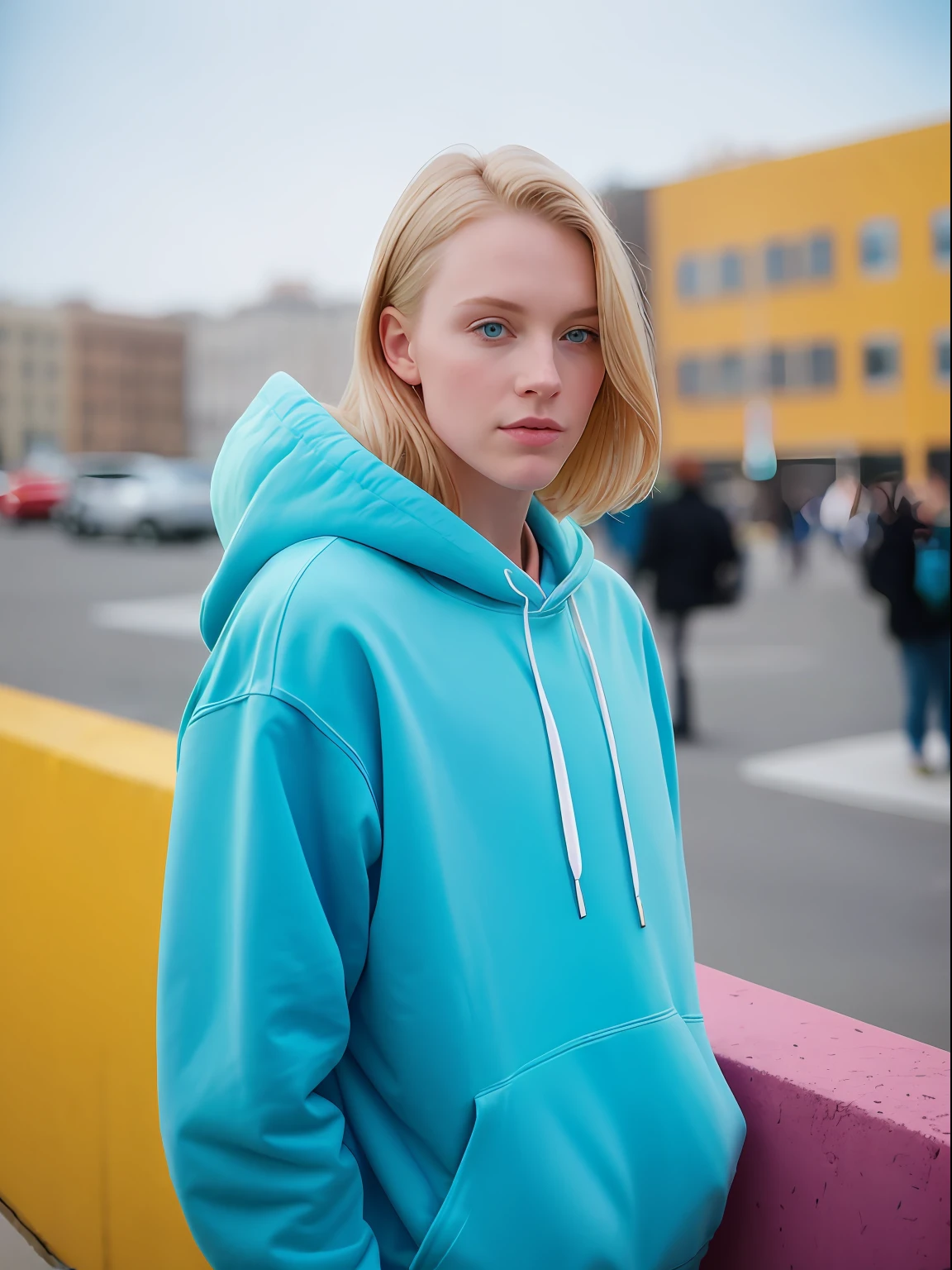 Beautiful American student in a full-length hoodie, looks at the viewer, Holi Color Festival, European type of appearance, European face, blue eyes and blonde hair, against the backdrop of the city, a lot of details, гипердетальный POV, by Lee Jeffries, Nikon D850, Camera roll, 4 Kodak Portra 400, F1 camera lens.6, saturated colors, A hyper-realistic, lifelike texture, spectacular lighting, Cinestill 800,