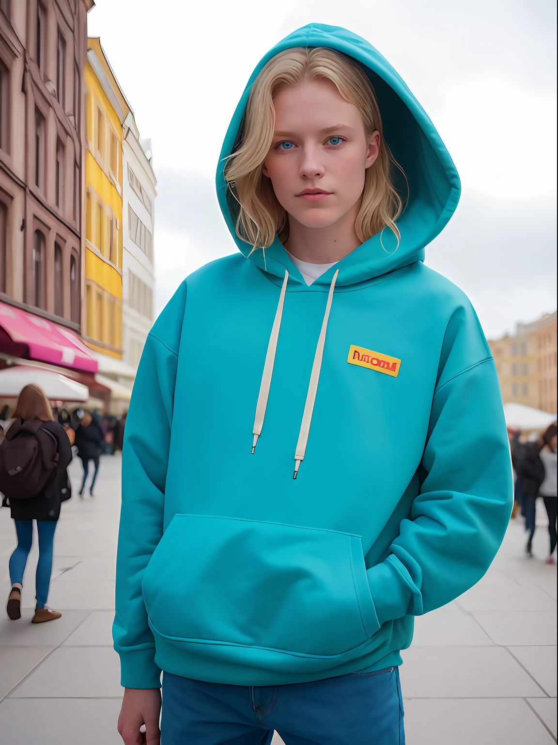 Beautiful American student in a full-length hoodie, looks at the viewer, Holi Color Festival, European type of appearance, European face, blue eyes and blonde hair,  against the backdrop of the city, a lot of details, гипердетальный POV, by Lee Jeffries, Nikon D850, Camera roll, 4 Kodak Portra 400, F1 camera lens.6, saturated colors, A hyper-realistic, lifelike texture, spectacular lighting, Cinestill 800,