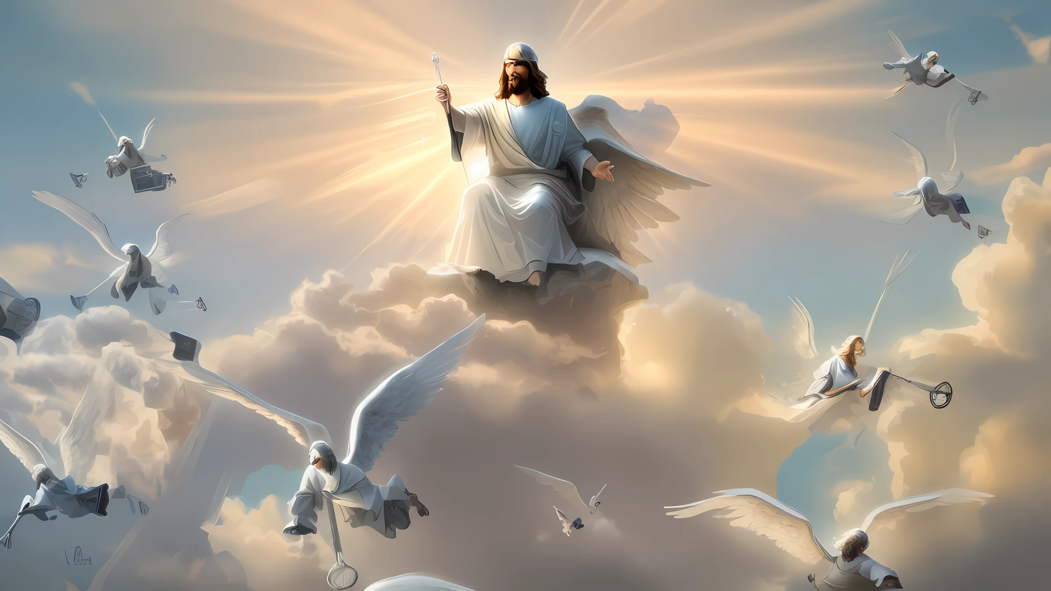 Return of Jesus with his realistic male angel coming on the realistic clouds we heavens sitting on his great throne on the clouds