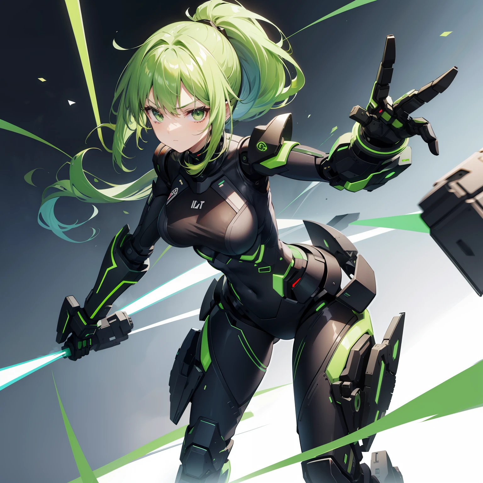 1 girl, straight face, green hair ponytail, green eyes, medium breasts, combat suit, black pants, black boots, robotic arms