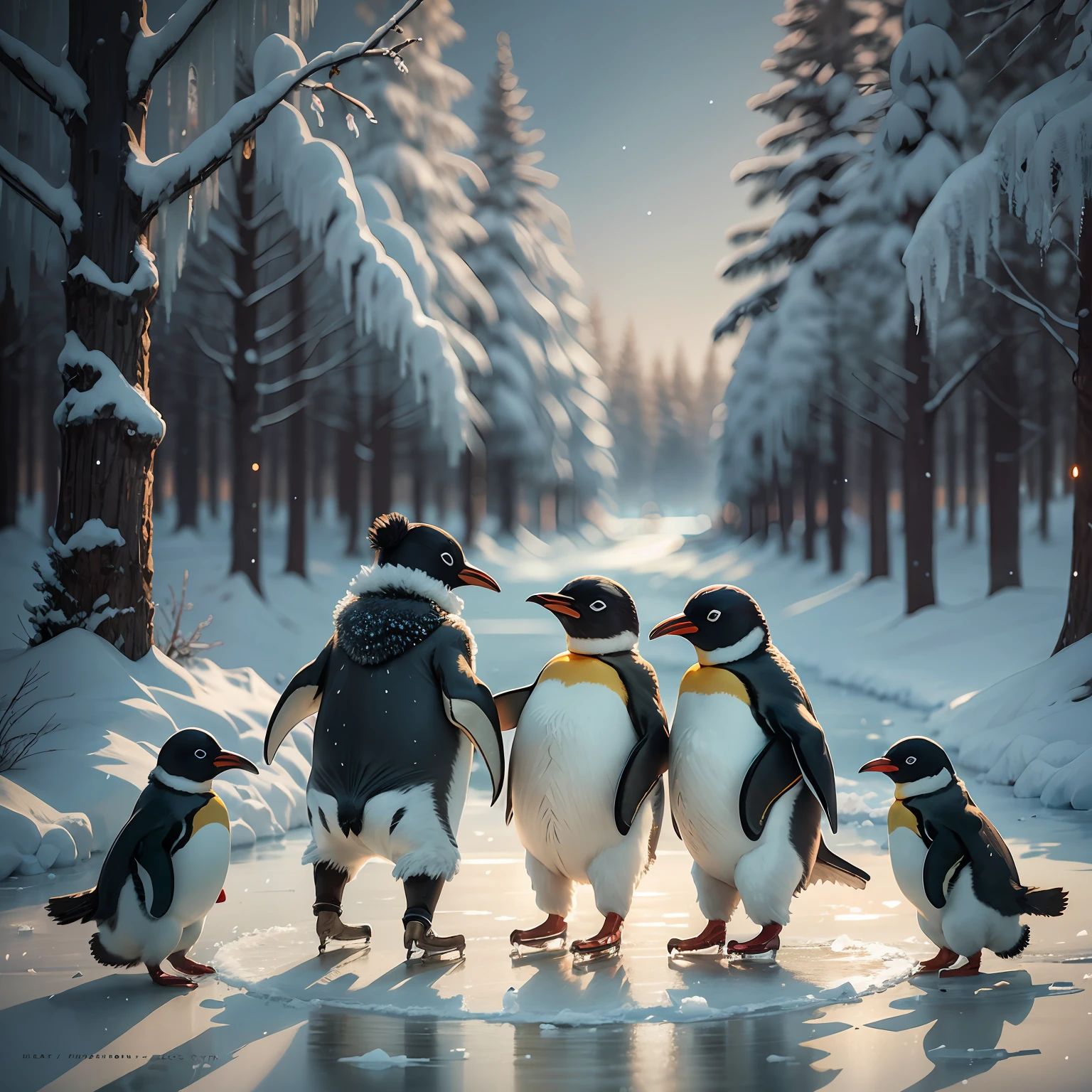 no human, joyful dancing, penguin parent and penguin child, ice skating, shimmering ice surface, Ice crystals, glowing fruits growing on trees,
