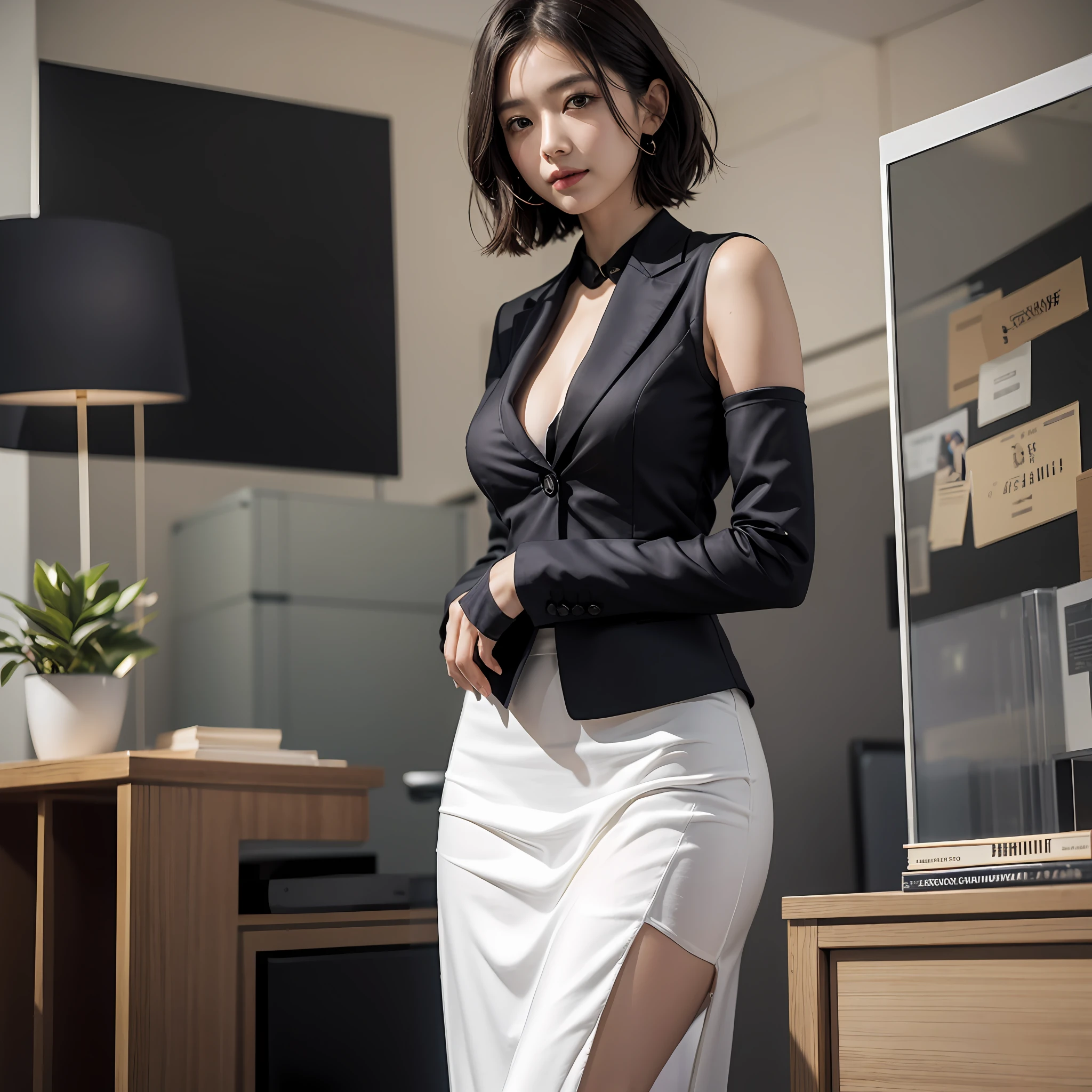 Smiling Woman, (((shorth hair))), Business suits,((long skirt)),(masterpiece, top-quality, Near and far law), beautiful expression, in 8K, Raw foto, Photorealsitic, film grains, chromatic abberation, hight resolution, ultra-detailliert, finely detail, 动态照明, Dramatic Lighting、shadowy、extremely detailed eye and face、Round pupils、(((Modern and luxurious office)))、long legged