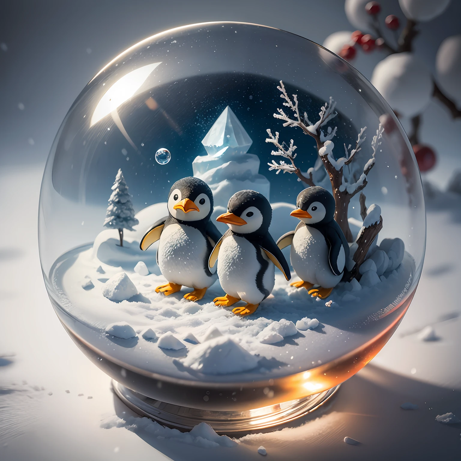 no human, joyful dancing, penguin parent and penguin child, ice skating, shimmering ice surface, Ice crystals, glowing fruits growing on trees, inside a snow globe,