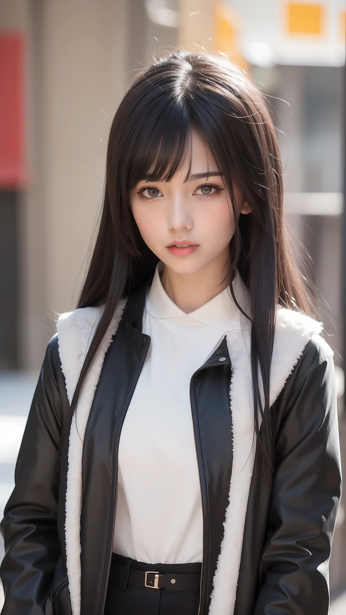 Arad woman with long black hair and black jacket, ulzzangs, She has black hair，By bangs, , Girl with black hair, Guviz-style artwork, Guviz, sui ishida with black hair, Cold, white hime cut hairstyle, Long black hair with bangs, Mysterious girl