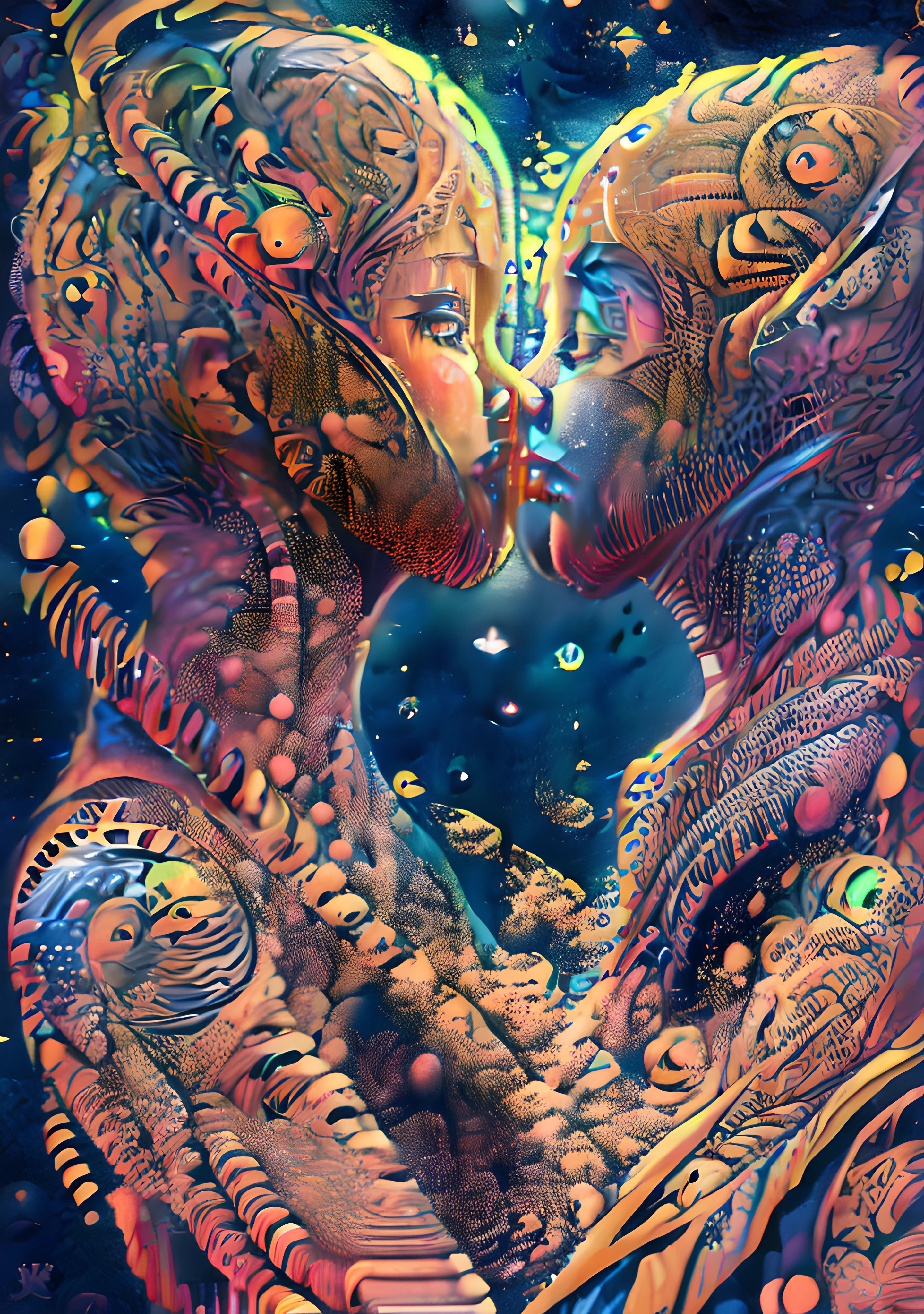 (High resolution, incredibly detailed, masterpiece), intricate close up portrait of 2 beutifull elfling irls kissing ,beautifull faces,in space , featuring fractal geometry in (vibrant colors:0.6), set against a (galactic background:1.8), bringing together complex, mesmerizing shapes and patterns,dmt ,fractal art,stars and galaxies