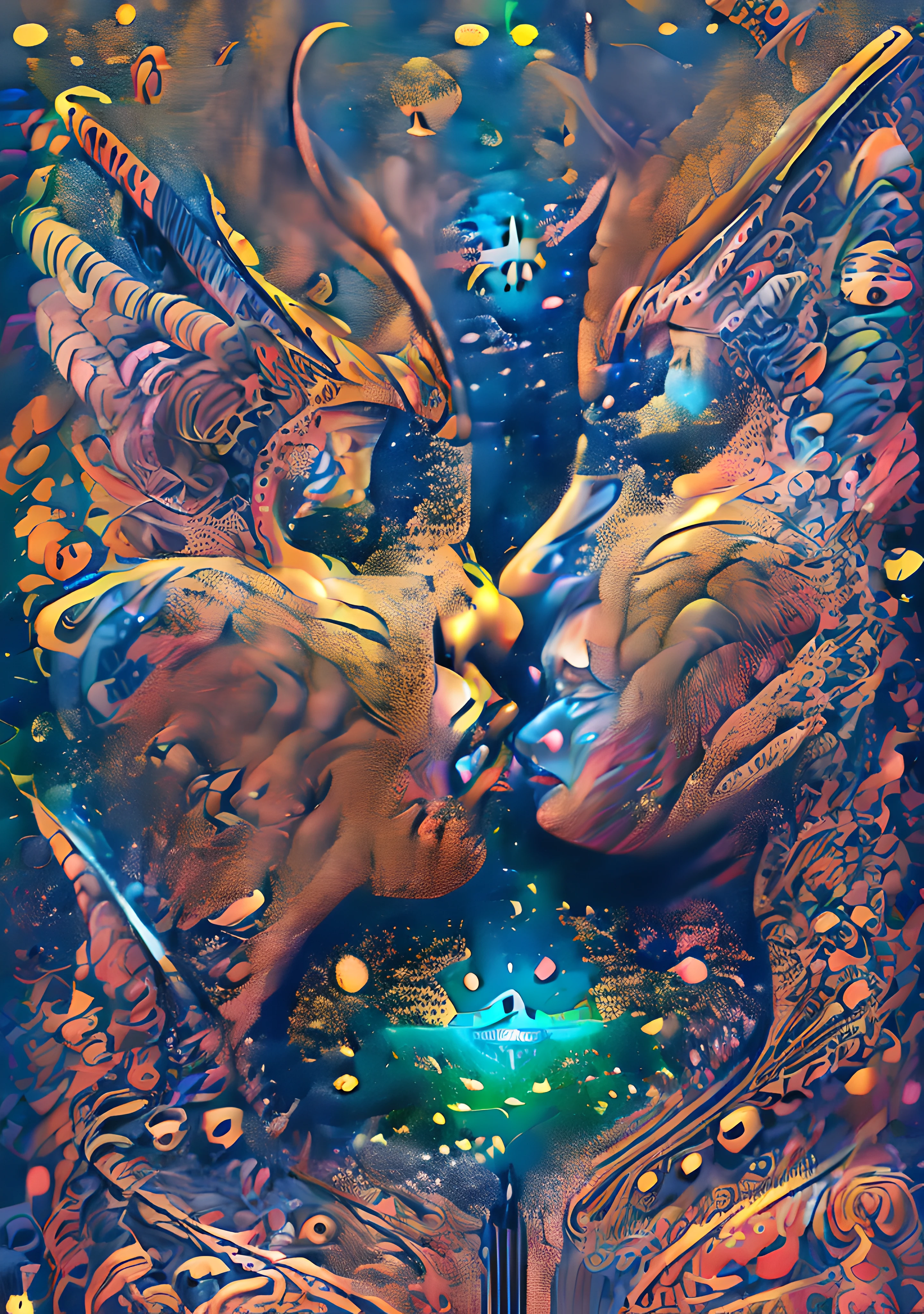 (High resolution, incredibly detailed, masterpiece), intricate close up portrait of 2 beutifull elfling irls kissing ,beautifull faces,in space , featuring fractal geometry in (vibrant colors:0.6), set against a (galactic background:1.8), bringing together complex, mesmerizing shapes and patterns,dmt ,fractal art,stars and galaxies