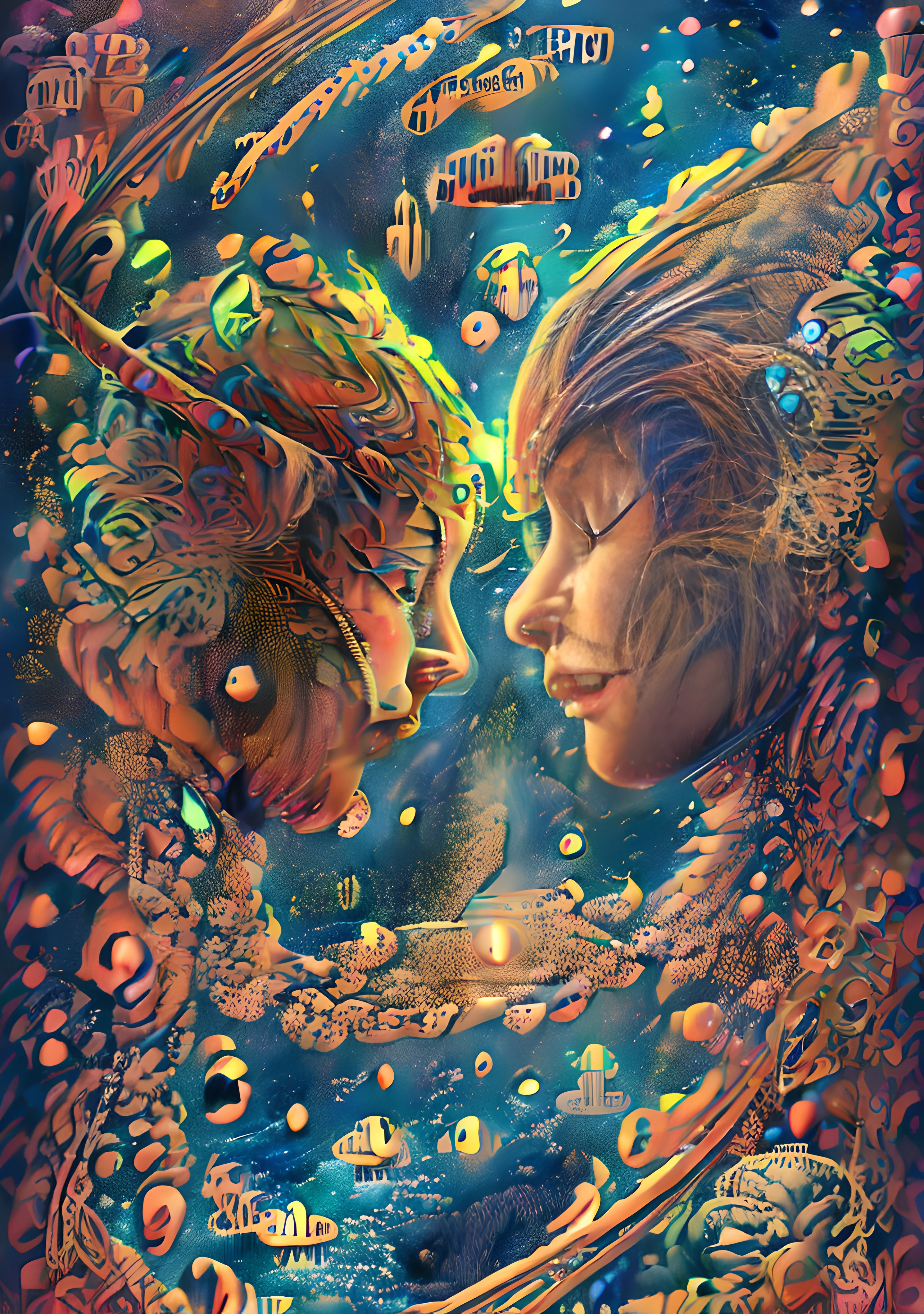 (High resolution, incredibly detailed, masterpiece), intricate close up portrait of 2 beutifull elfling irls kissing ,beautifull faces,in space , featuring fractal geometry in (vibrant colors:0.6), set against a (galactic background:1.8), bringing together complex, mesmerizing shapes and patterns,dmt ,fractal art,stars and galaxies