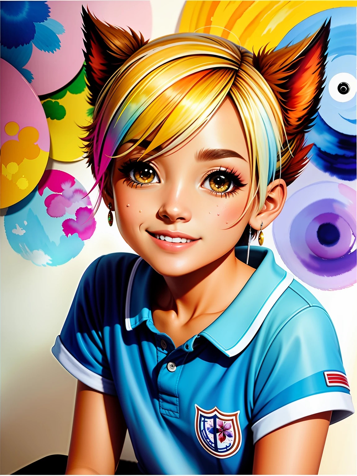 estilo wtrcolor, arte digital de (personagem coelho), arte oficial, frente, sorriso, obra-prima, bonito, ((aquarela)), pintura facial, respingo de tinta, detalhes intrincados. Olhos muito detalhados, [gotejando:0,5], trending in artstation,