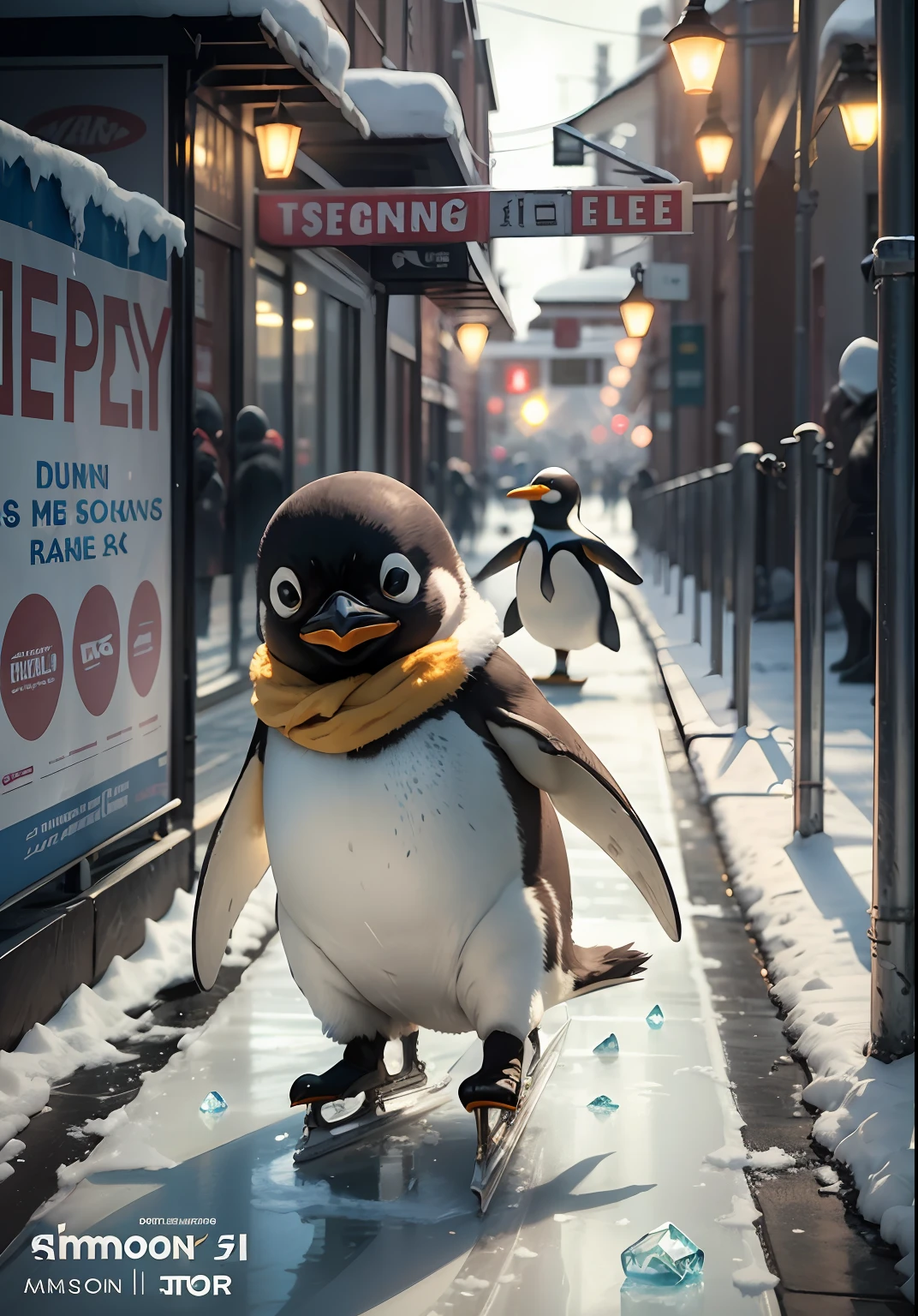 no human, joyful dancing, happy running, penguin parent and penguin child, ice skating, shimmering ice surface, movie poster, title logo, efects,