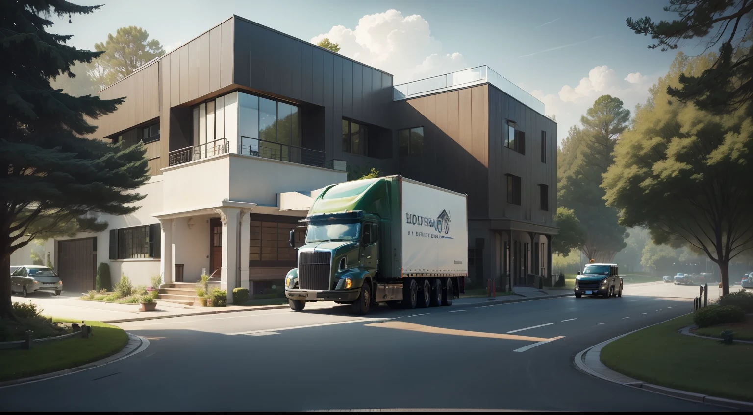 a moving truck outside, bighouse, the mansion, modern house, luxury house