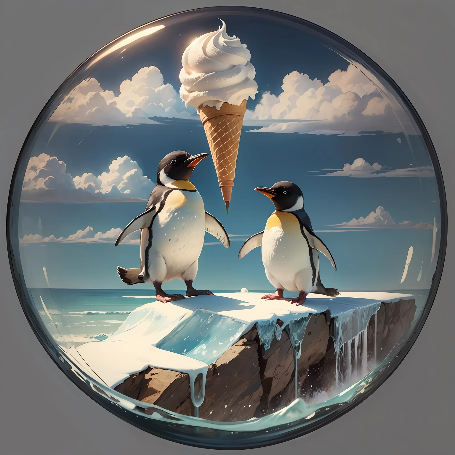 Penguins happily flying, sky, holding 3 tiers of ice cream,
