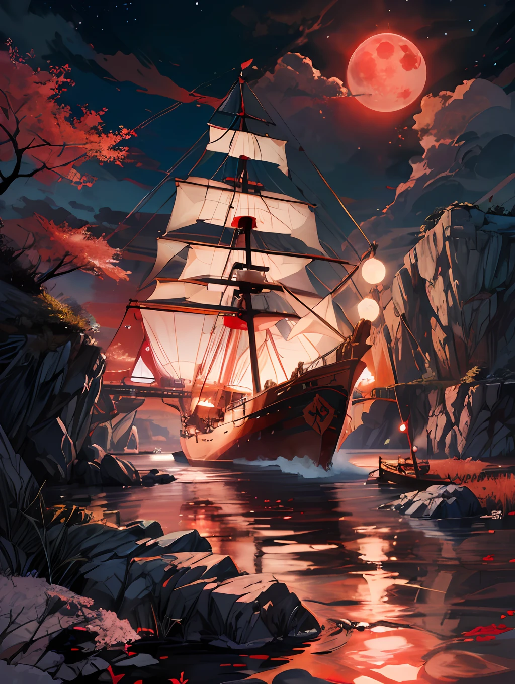 Night time, a ancient marchent ship , sailing, crimson moon ,red cherry trees, river ,high tide,rock, calm, mesmerizing view, moonlight scenary,mesmerizing view,,digital painting,wind up,concept art, illustration,((light red theme))