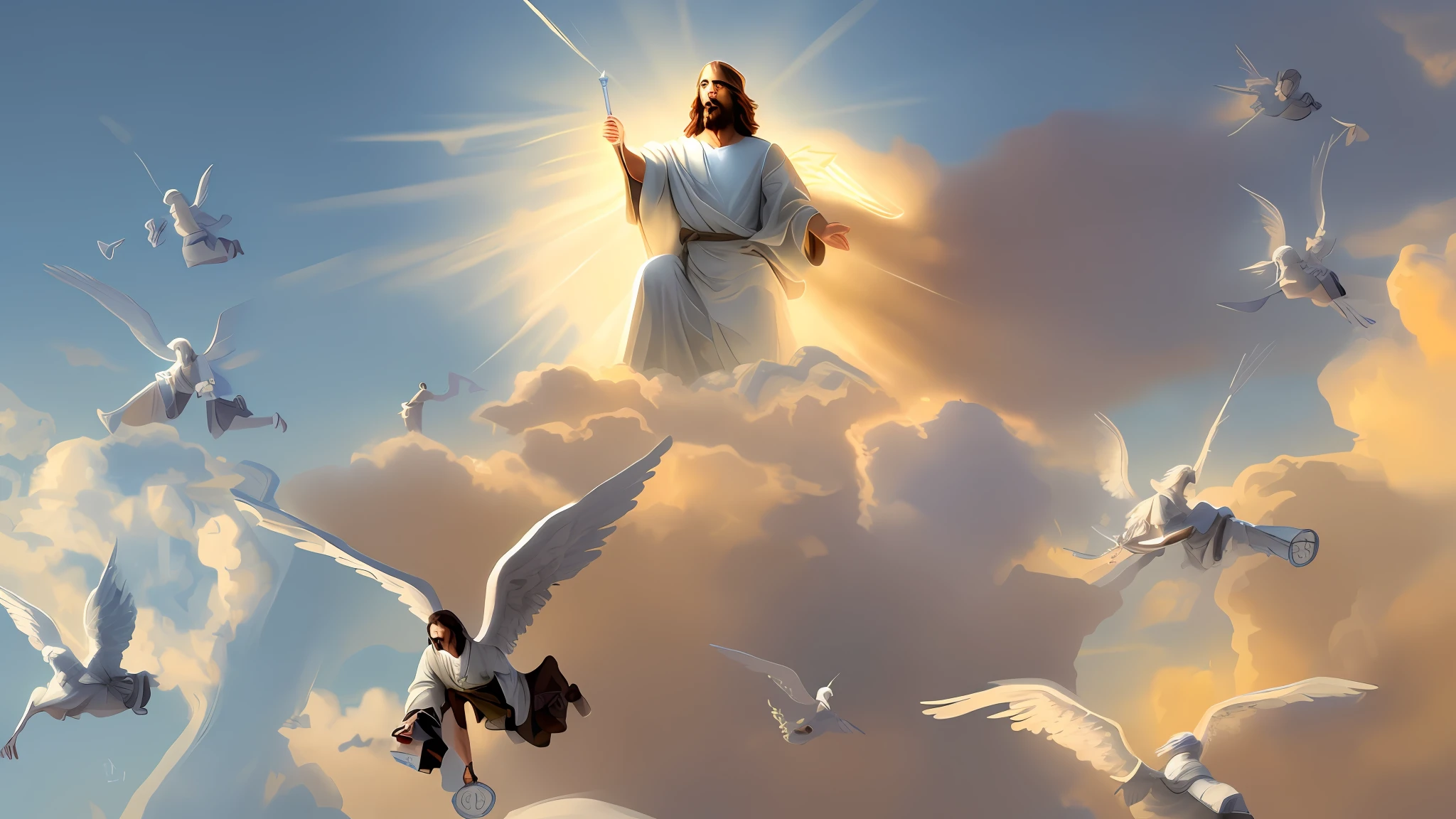 Return of Jesus with his realistic male angel coming over the realistic clouds in the heavens