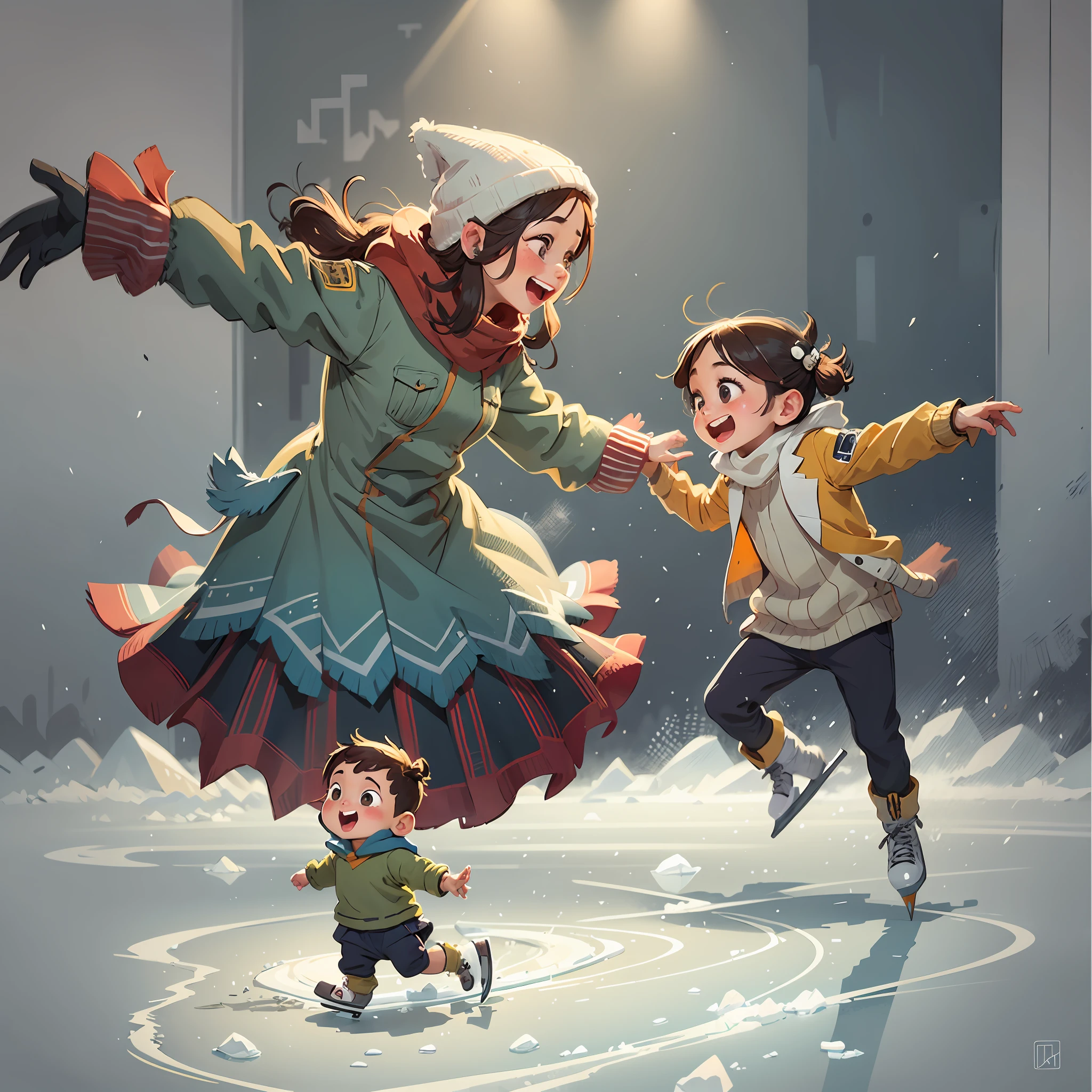 joyful dancing, penguin parent and child, ice skating on a shimmering ice surface,