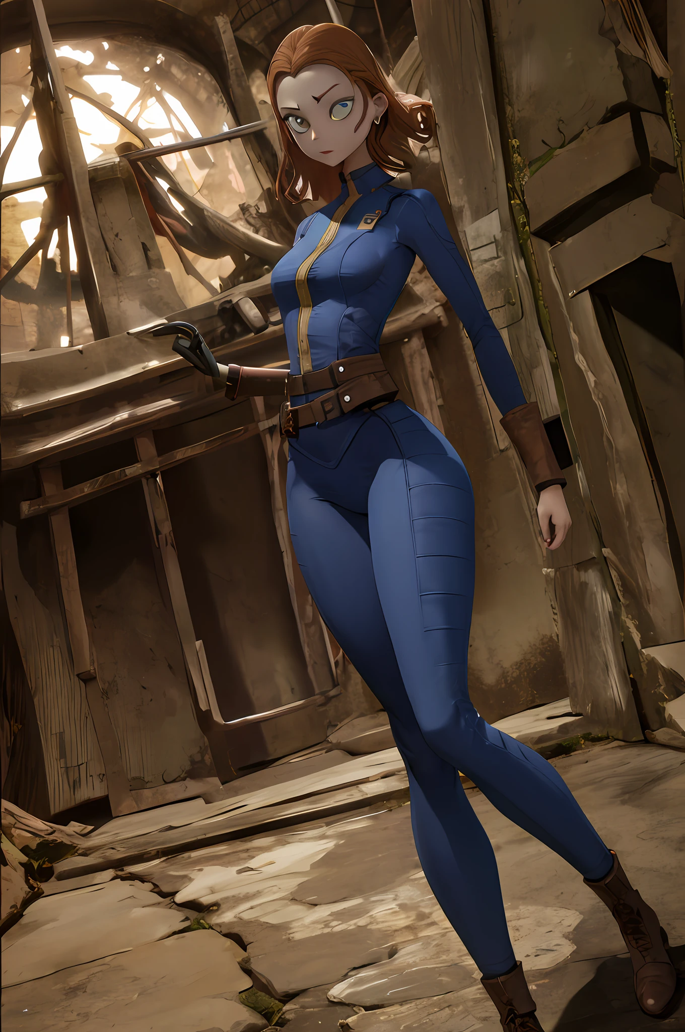 TimBurton Animation, photo of woman in a vault suit, 1girl, solo, colorful, action face, sneaking in a dark vault, action shot, bright side lighting, graceful, bottom heavy body, thic thighs, wide hips, small breasts