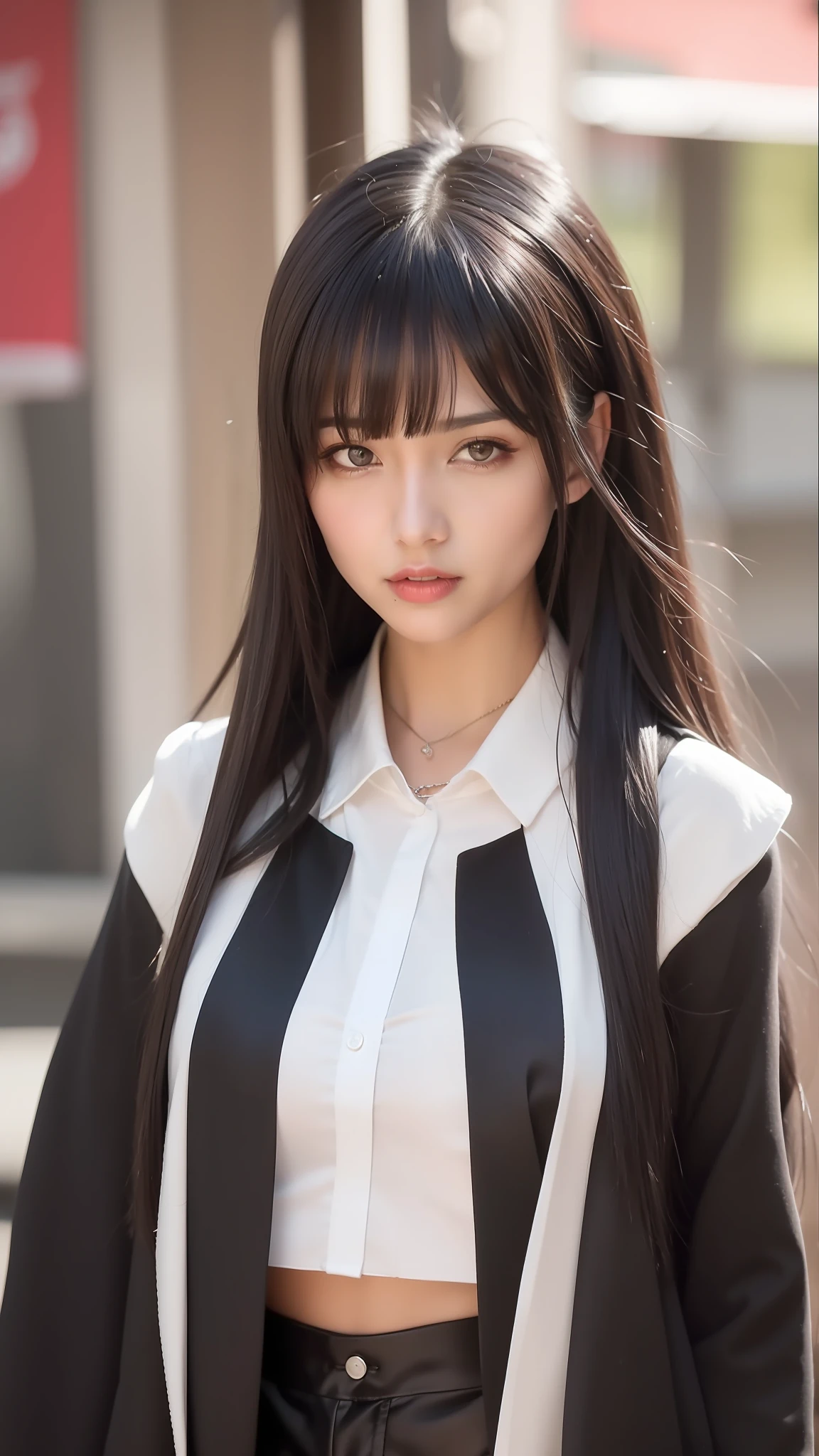 Arad woman with long black hair and black jacket, ulzzangs, She has black hair,By bangs, , Girl with black hair, Guviz-style artwork, Guviz, sui ishida with black hair, white hime cut hairstyle, Long black hair with bangs, Mysterious girl,ssmile