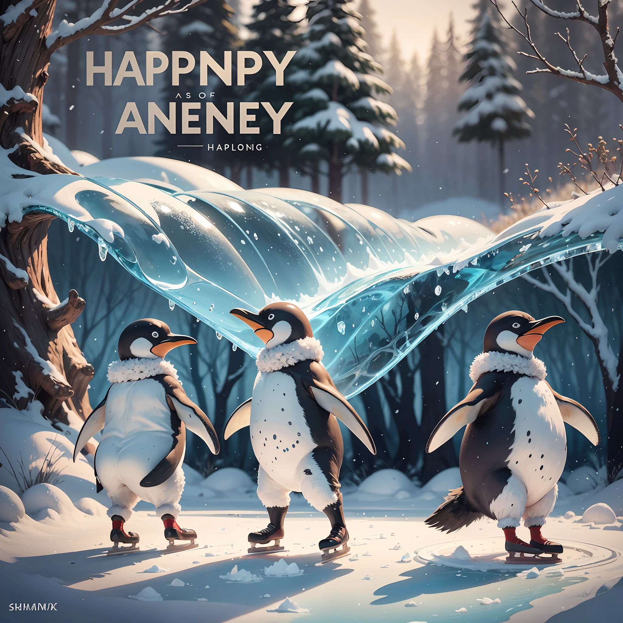 no human, joyful dancing, happy running, penguin parent and penguin child, ice skating, shimmering ice surface, glowing fruits growing on trees, Composition similar to The Beatles’ CD cover,