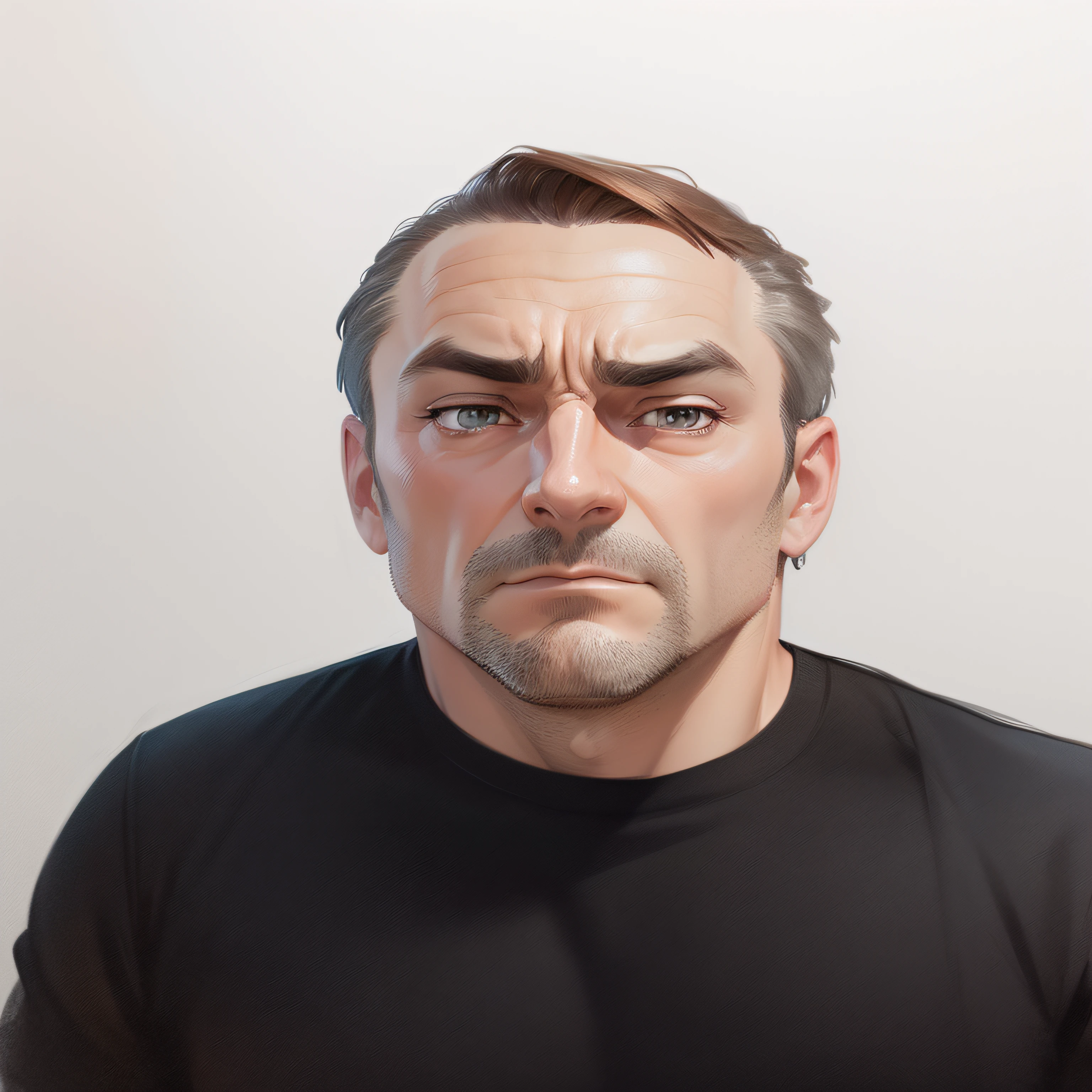 illustration of a man, white background, black shirt, half body, brown hair, a little gray, 40 years old, disnei character style, illustration, serious look. freight face to screen --auto
