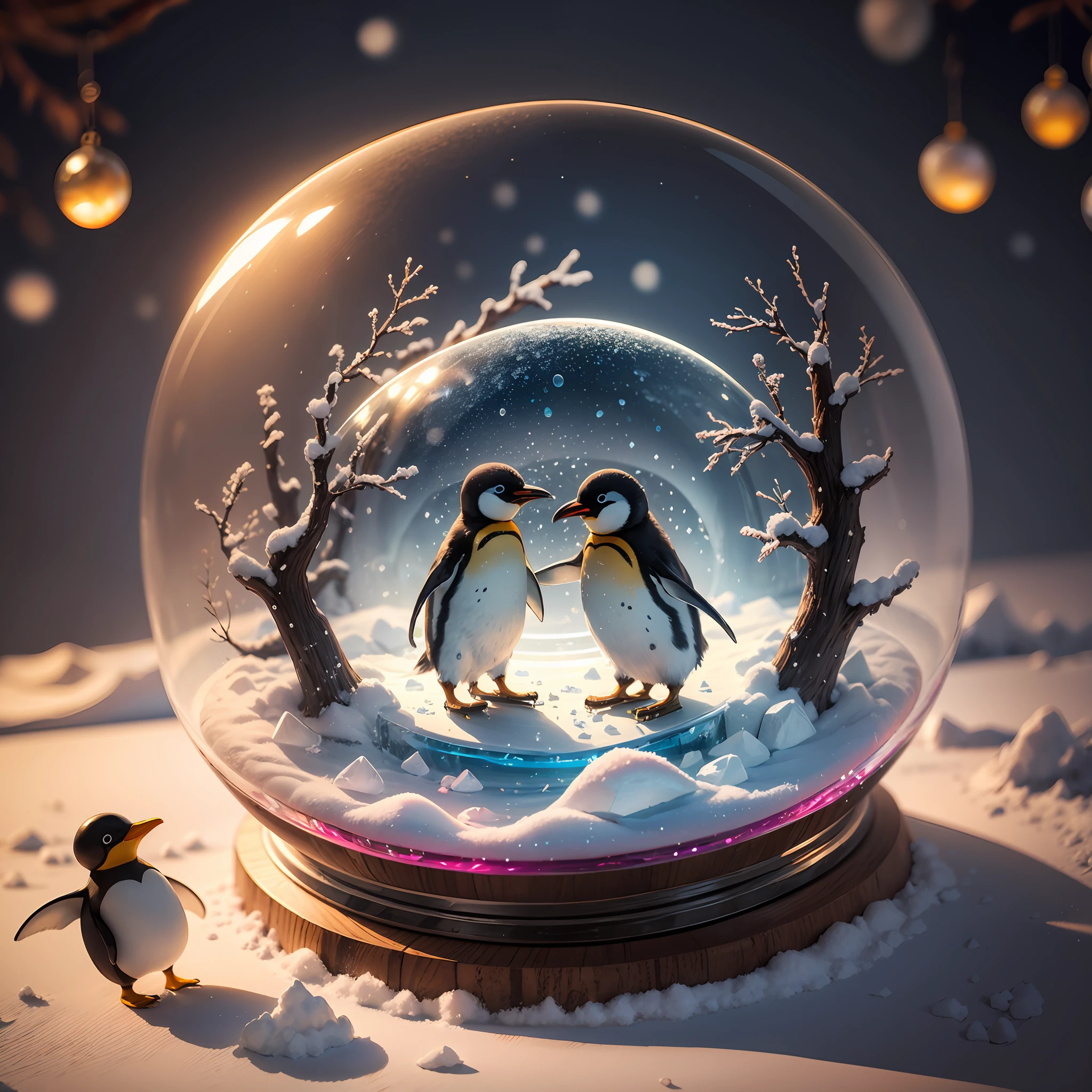 no human, joyful dancing, penguin parent and penguin child, ice skating, shimmering ice surface, Ice crystals, glowing fruits growing on trees, inside a snow globe,