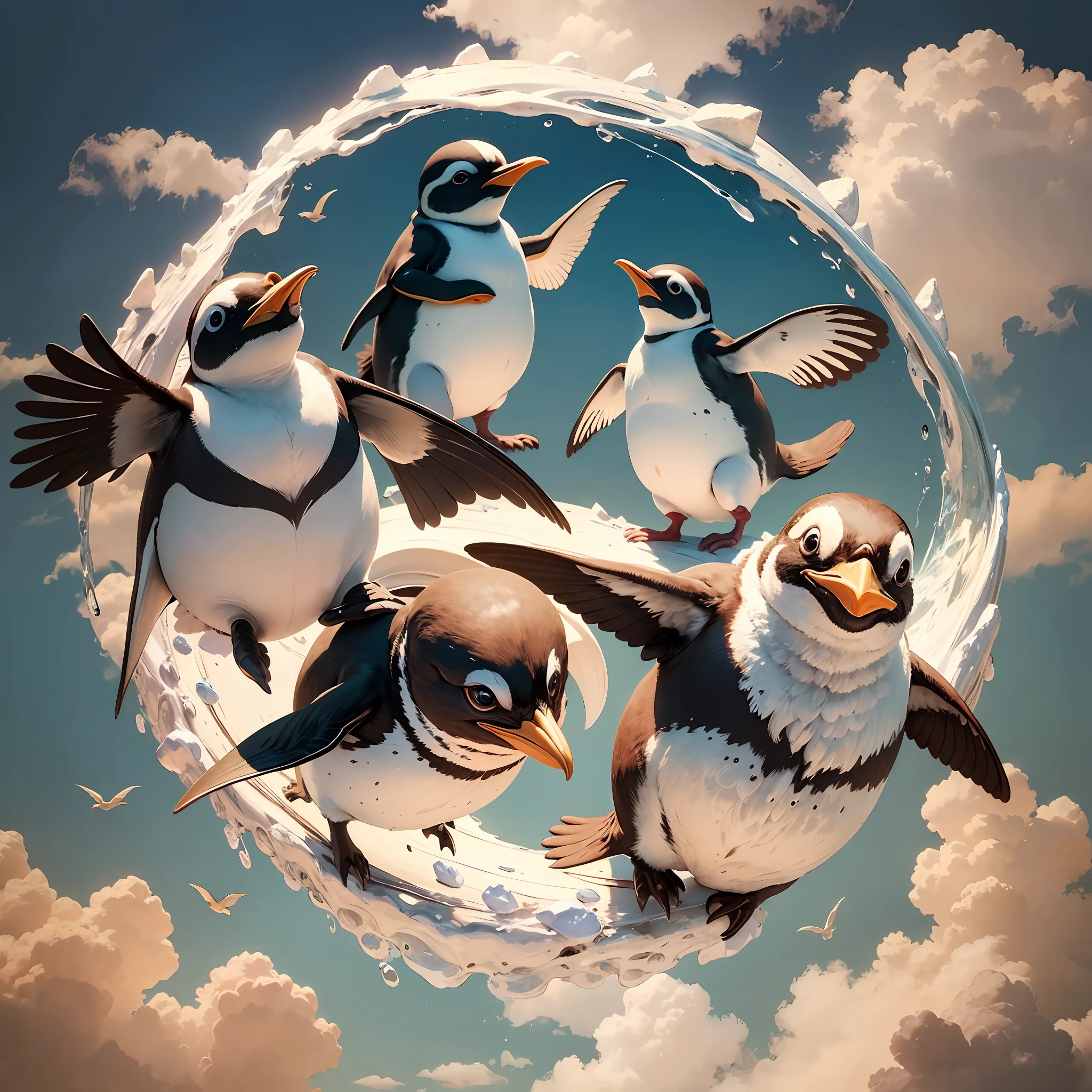 Penguins happily flying, sky, holding 3 tiers of ice cream,