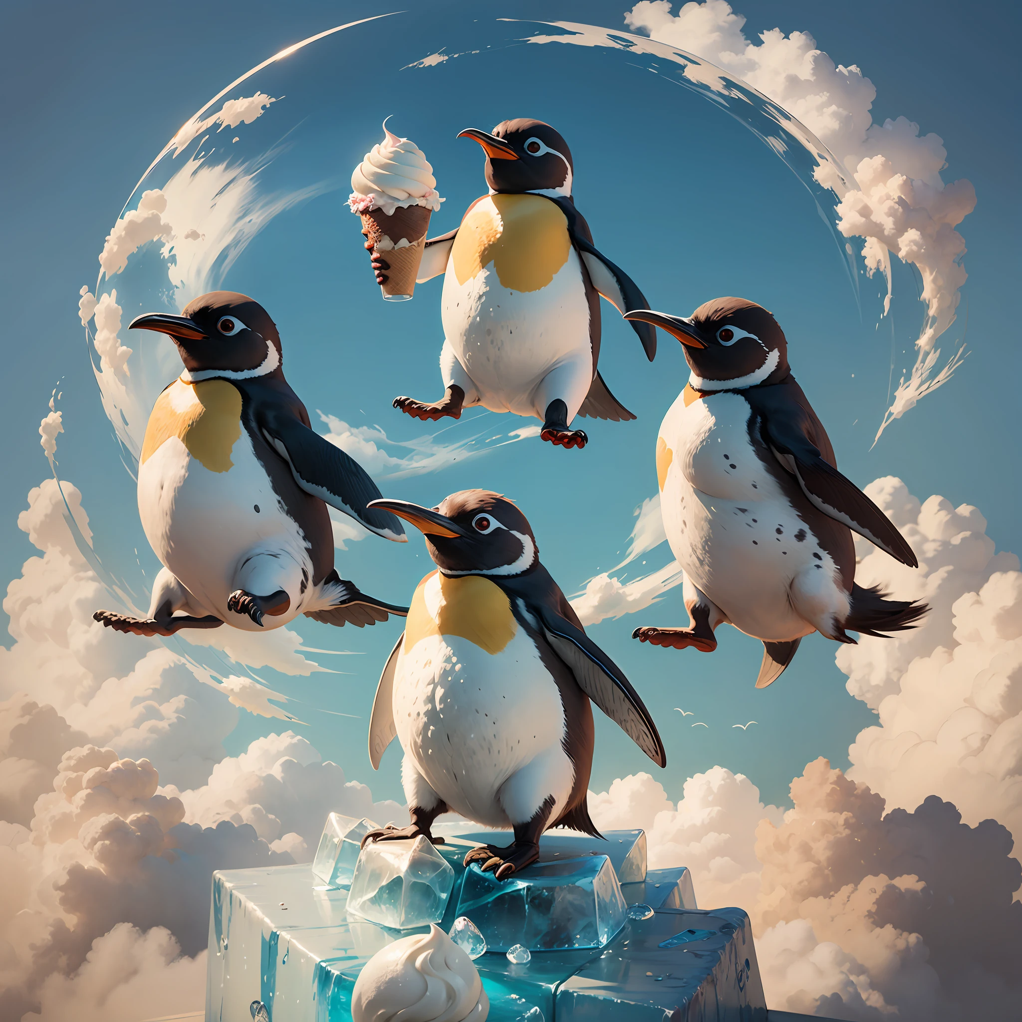Penguins happily flying, sky, holding 3 tiers of ice cream,