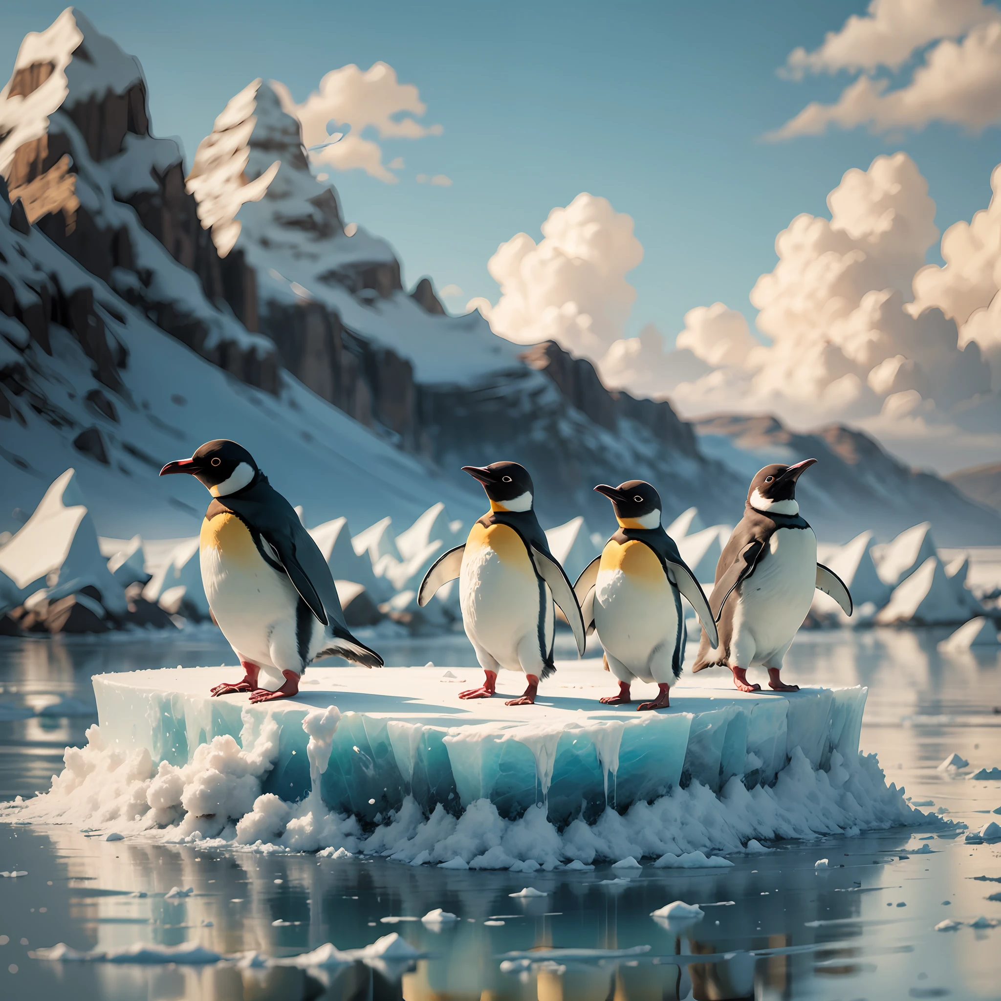 Penguins happily flying, sky, holding 3 tiers of ice cream,