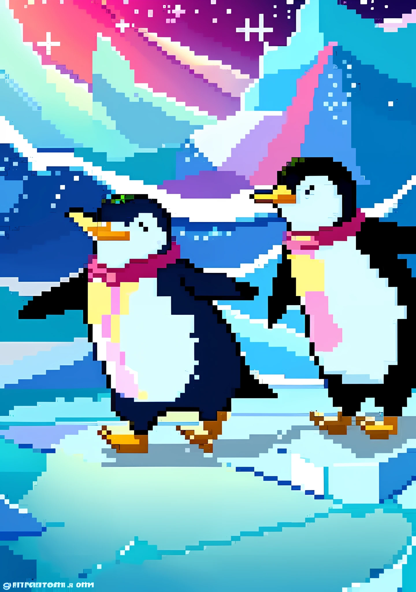 no human, joyful dancing, happy running, penguin parent and penguin child, ice skating, shimmering ice surface, movie poster, title logo, pixel art,