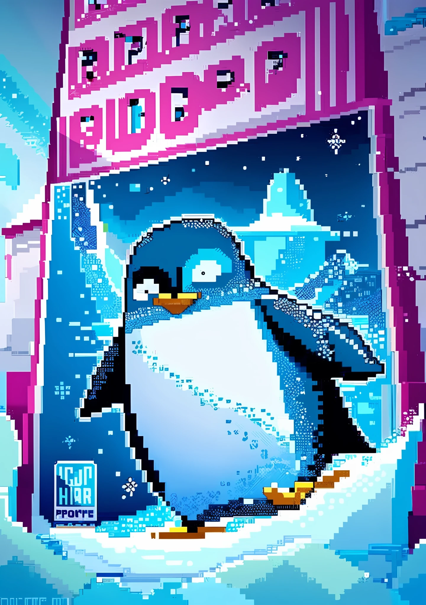 no human, joyful dancing, happy running, penguin parent and penguin child, ice skating, shimmering ice surface, movie poster, title logo, pixel art,