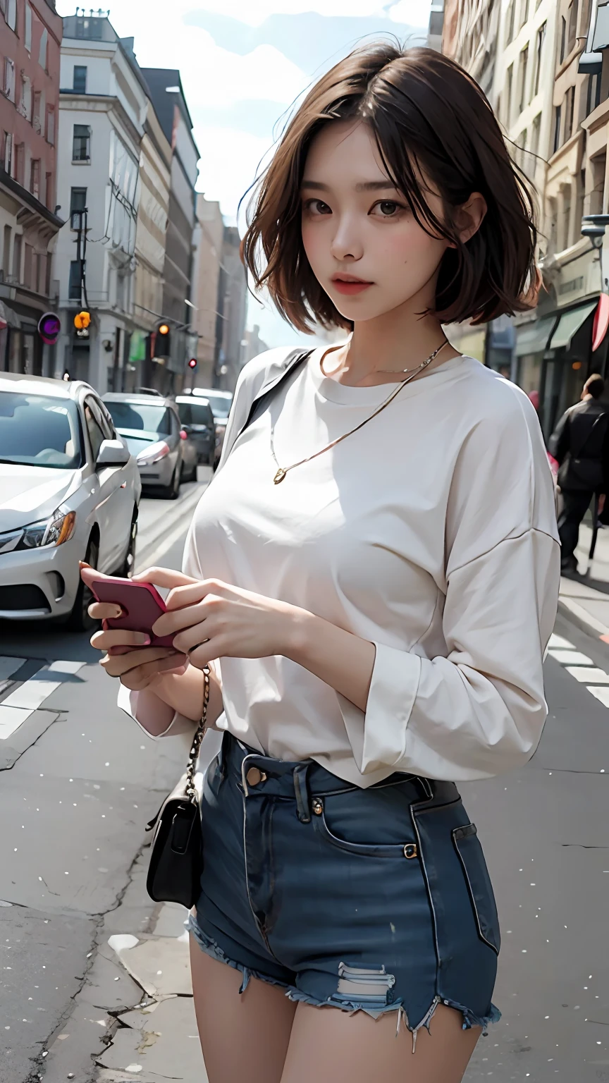 Beautiful woman, fiddling with cell phone in the middle of the street, short clothes