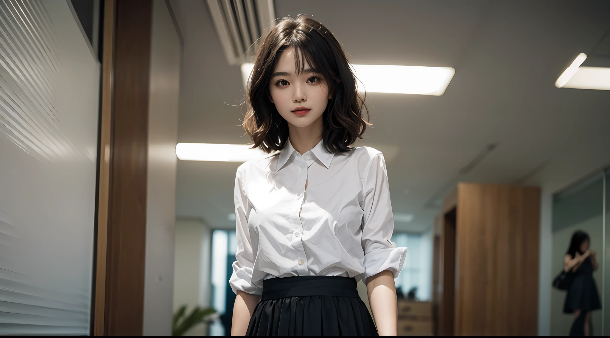 Smiling Woman, (((shorth hair))), Business suits,((long skirt)),(masterpiece, top-quality, Near and far law), beautiful expression, in 8K, Raw foto, Photorealsitic, film grains, chromatic abberation, hight resolution, ultra-detailliert, finely detail, 动态照明, Dramatic Lighting、shadowy、extremely detailed eye and face、Round pupils、(((Modern and luxurious office)))、long legged