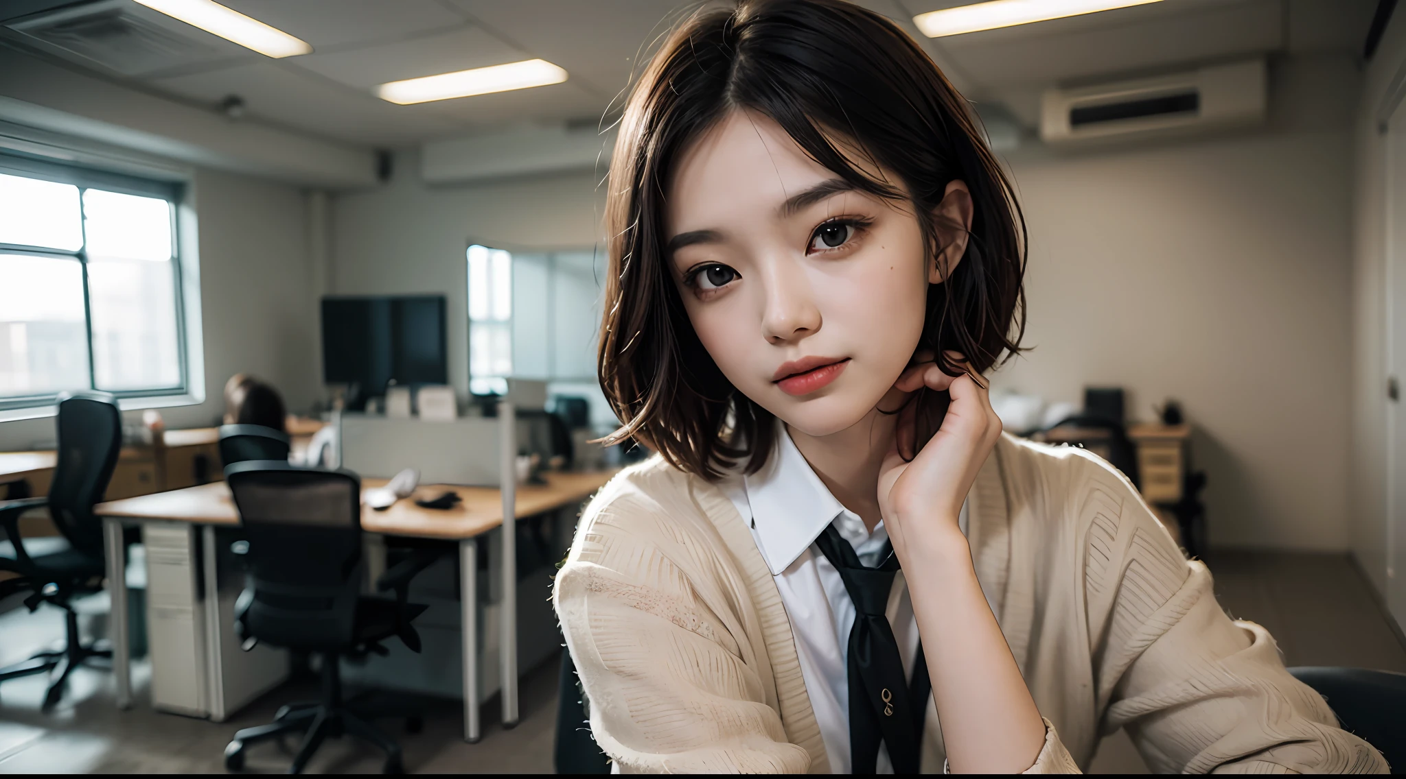 Smiling Woman, (((shorth hair))), Business suits,((long  skirt))，(​masterpiece, top-quality, Near and far law), beautiful expression, in 8K, Raw foto, Photorealsitic, film grains, chromatic abberation, hight resolution, ultra-detailliert, finely detail, 动态照明, Dramatic Lighting、shadowy、extremely detailed eye and face、Round pupils、(((Modern and luxurious office)))、long legged