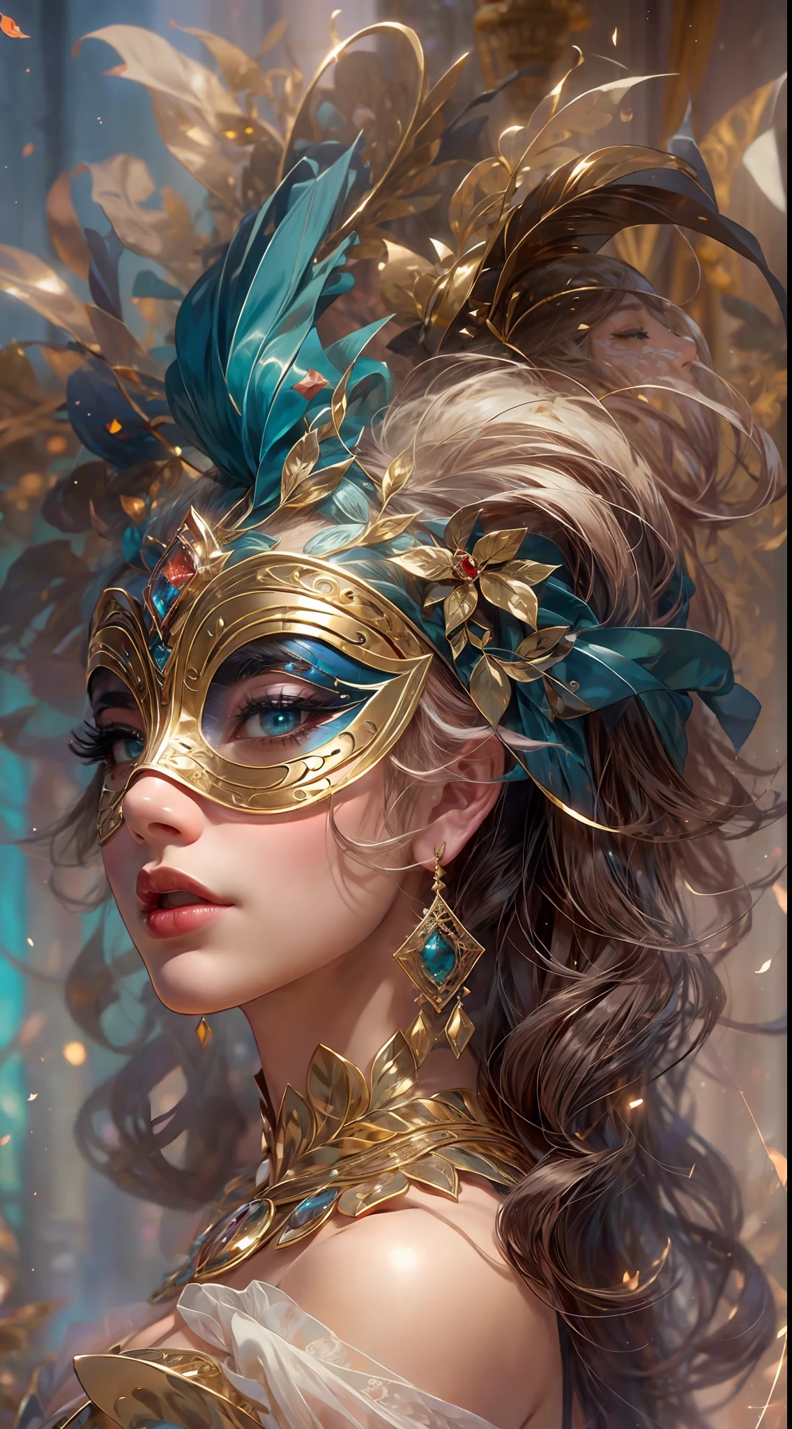 This image should be mysterious and realistically detailed, with high quality artwork. Generate a proud, beautiful woman from the 18th century wearing a stunning and intricately detailed silk ballgown adorned with lace and jewels. She is in the midst of an elegant masquerade ball at Versailles and surrounded by music, royal decor, and expensive details. ((The woman has an exquisite and ornate masquerade mask inspired by fantasy mythology.)) Her face is intricately detailed and realistic with puffy lips and a big mouth. Important: her eyes are important and are beautiful, with many realistic details, realistic shading, and multiple colors and shades. The setting is a magnificent masquerade ball, where aristocrats, socialites, and mysterious guests from far-flung lands gather for an unforgettable evening. From Venetian masks to elaborate feathered creations, each guest's disguise reflects their unique persona and unspoken desires. Immerse yourself in the allure of this 19th-century masquerade ball, where the elegance of a bygone era and the mystery of the masks combine to create an enchanting experience that will linger in your heart forever. Utilize dynamic composition to interest viewers. (((masterpiece))), intricate, elegant, highly detailed, majestic, digital photography, art by artgerm and ruan jia and greg rutkowski, (masterpiece, finely detailed beautiful eyes: 1.2), hdr, realistic skin texture, (((1woman))), (((solo)))