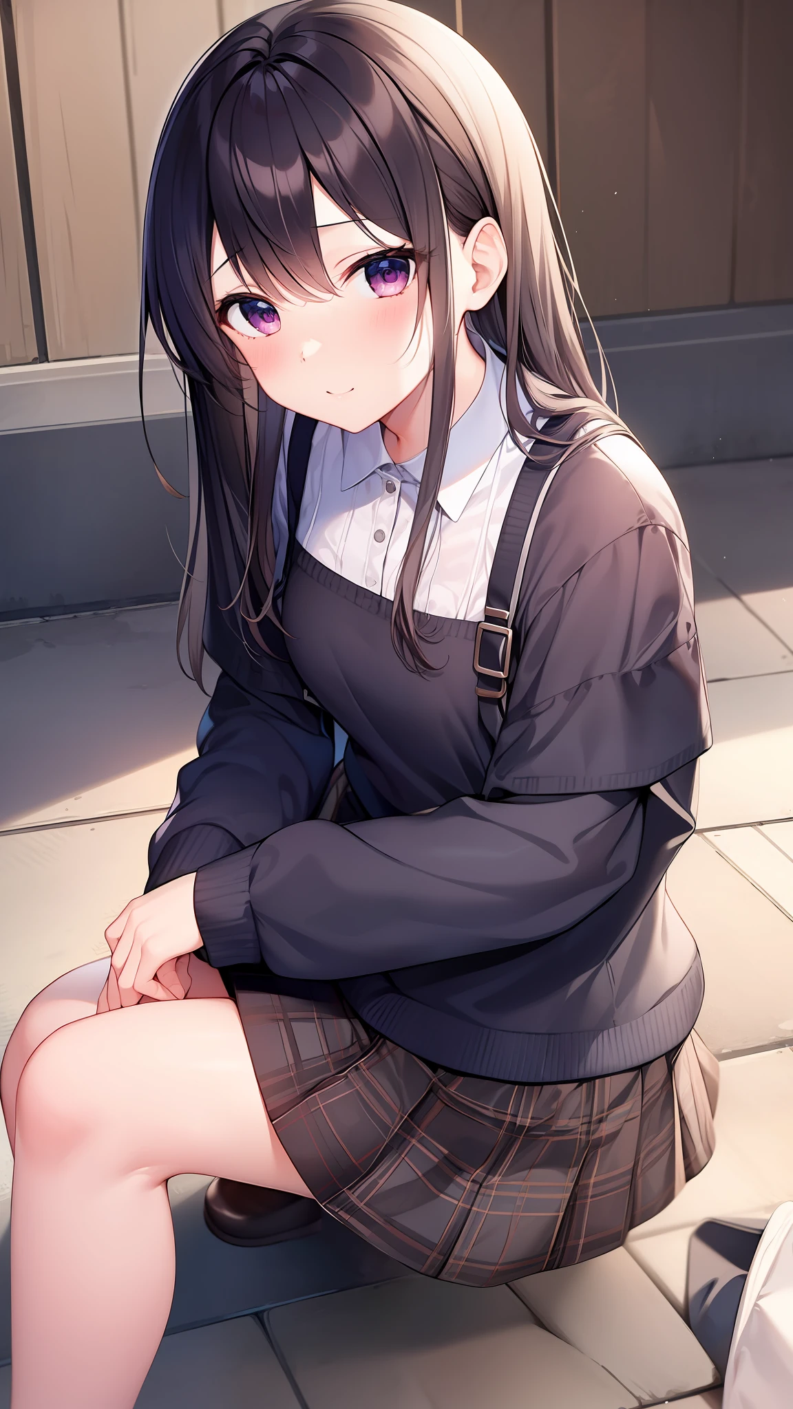 hight resolution、Hi-Res、masterpiece、Cute girl in mini skirt sitting on the ground with her knees upright、Look up, blushing
