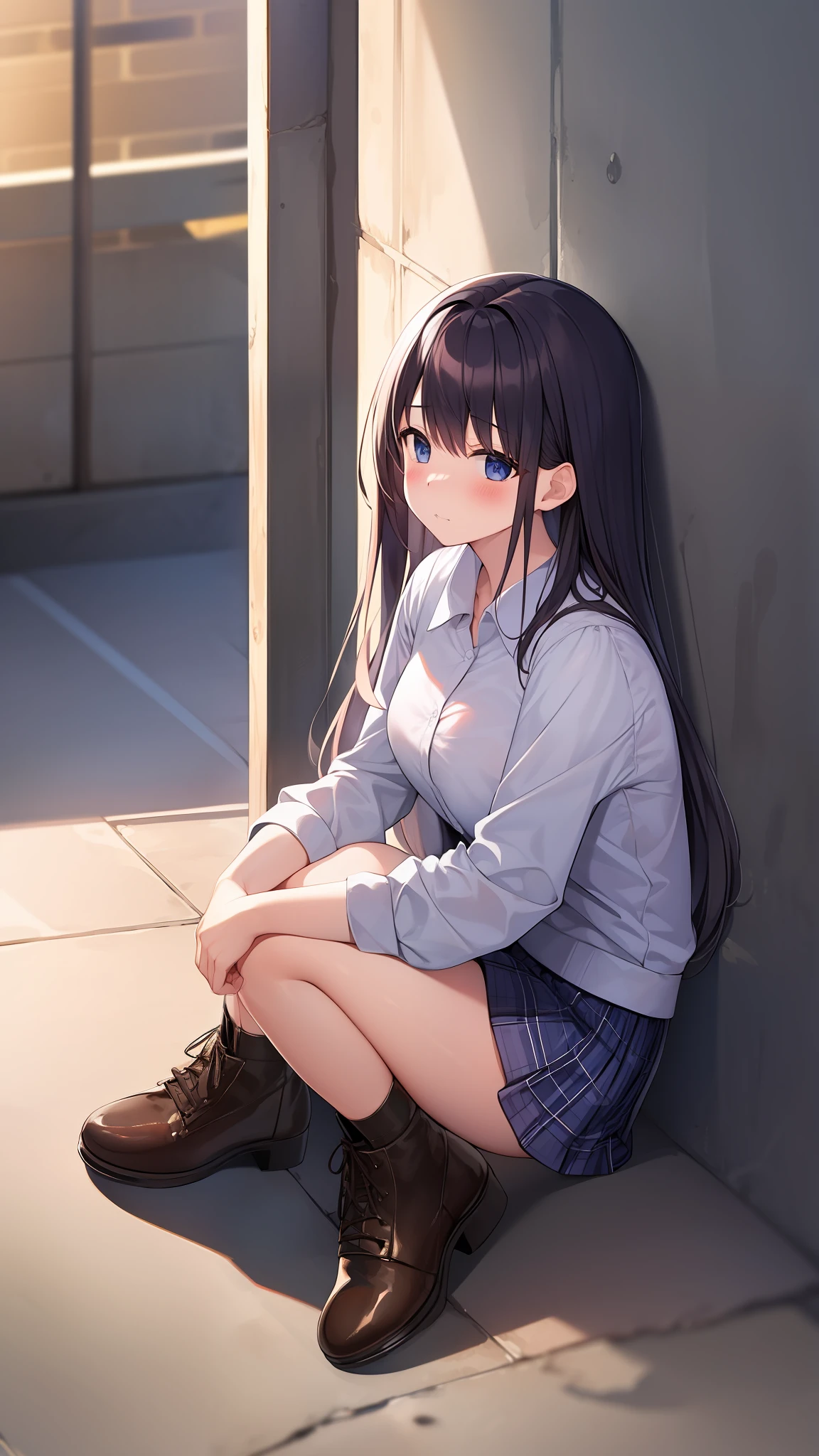 hight resolution、Hi-Res、​masterpiece、Cute girl in mini skirt sitting on the ground with her knees upright、Look up, blushing